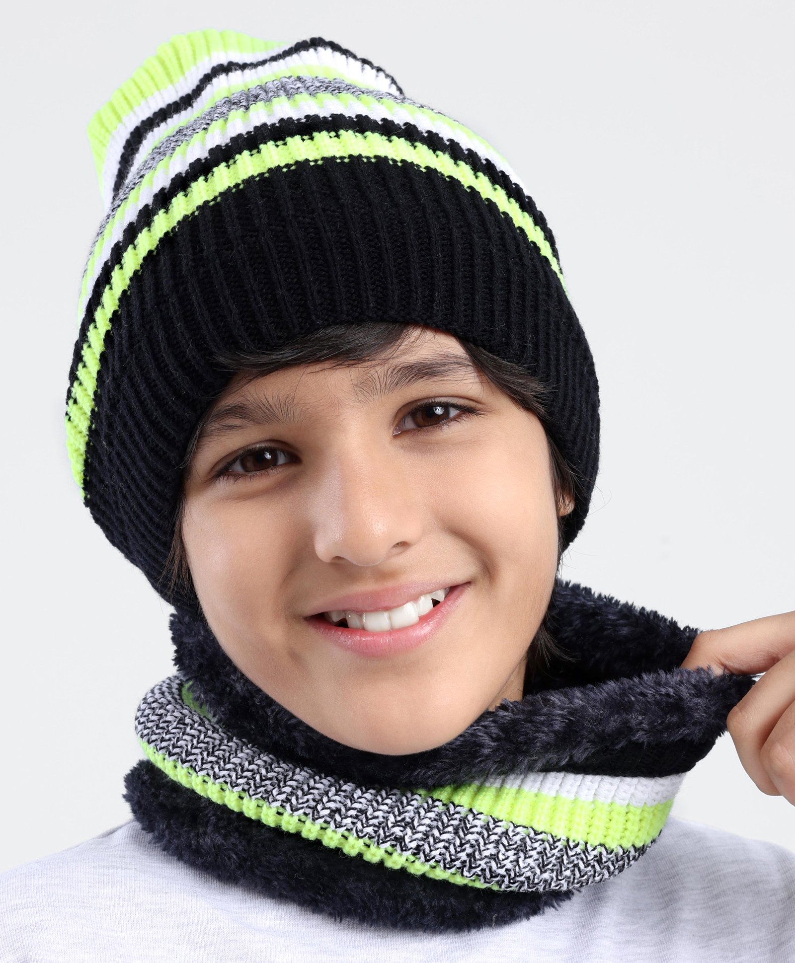 Pine Kids Knit Woollen Cap and Muffler Set with Stripes Design Black & White - Diameter 20 cm-image-47