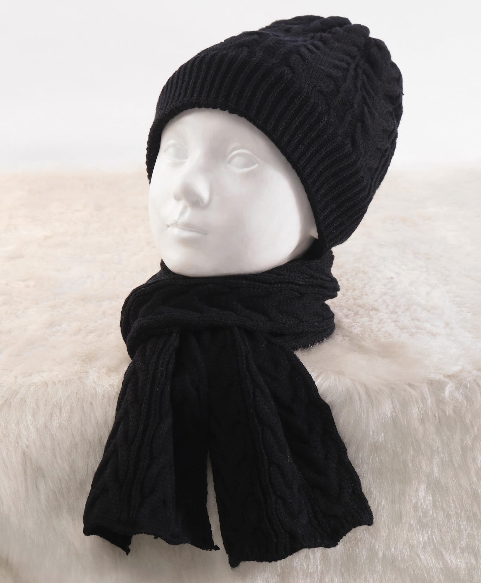 Pine Kids Knitted Solid Woollen Cap & Muffler Black - Diameter 20 cm-image-26