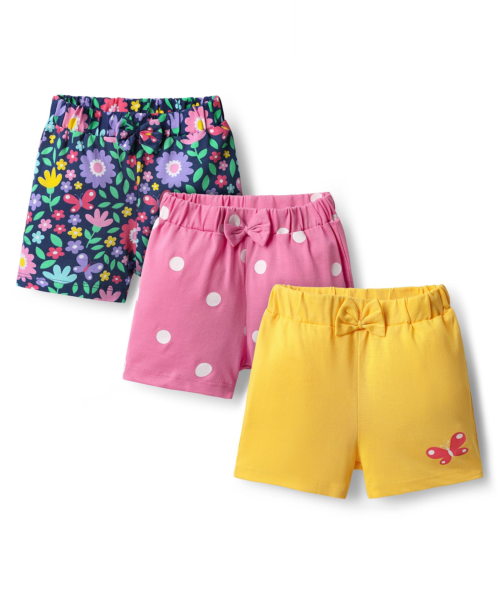 Babyhug Cotton Single Jersey Knit Shorts with Polka Dot Design Floral & Butterfly Print - Pack of 3 - Pink Yellow & Black-image-45