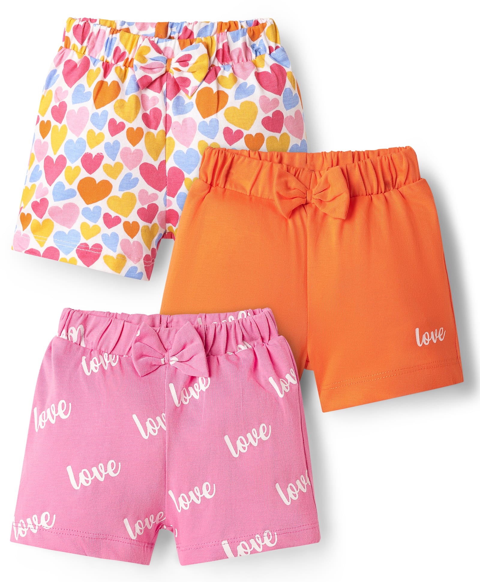 Babyhug Single Jersey Knit Shorts With Hearts Print & Bow Applique Pack Of 3 - Orange Pink & White