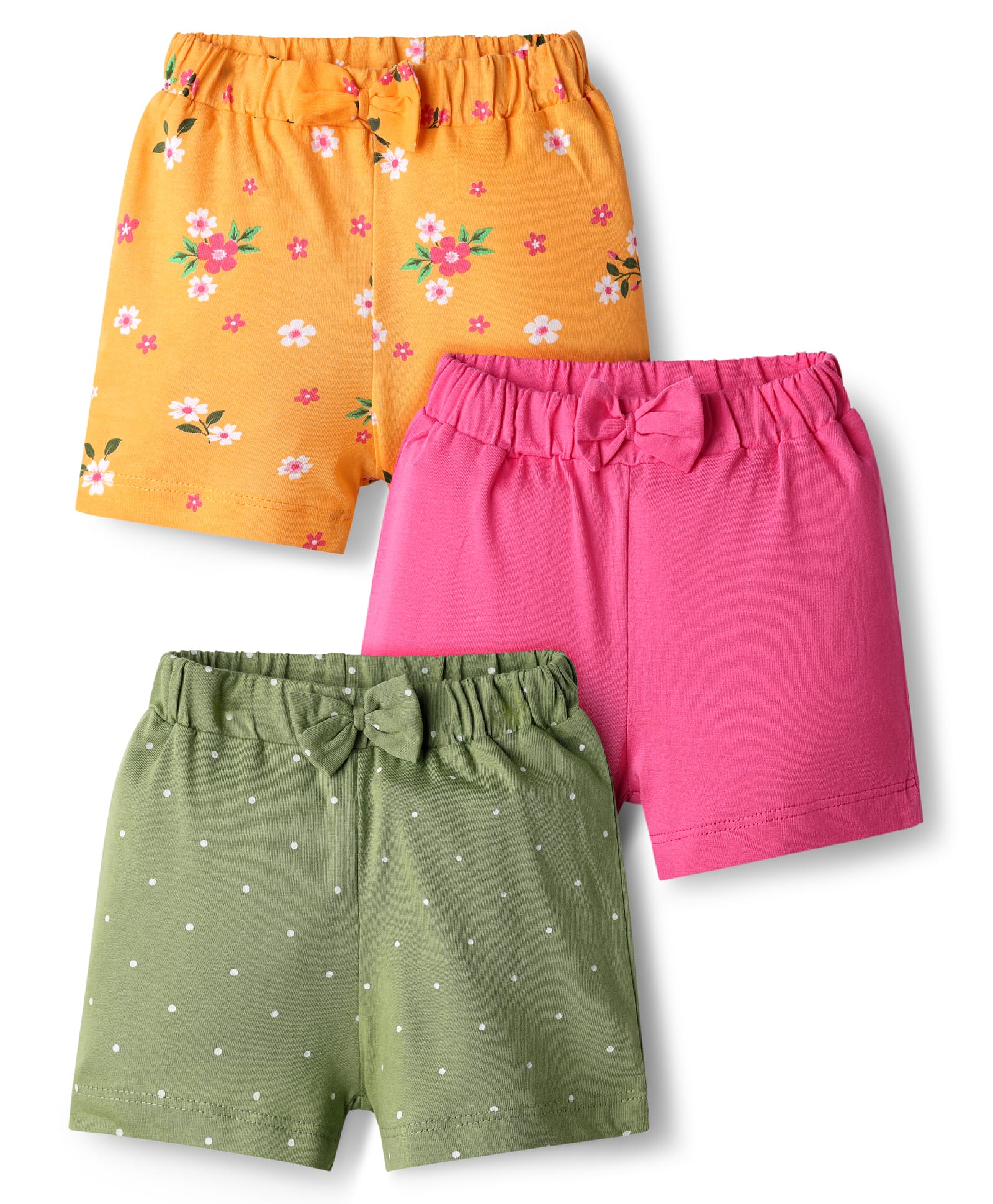 Babyhug Cotton Single Jersey Knit Floral & Polka Dot Printed Shorts With Bow Applique Pack of 3 - Pink Yellow & Green
