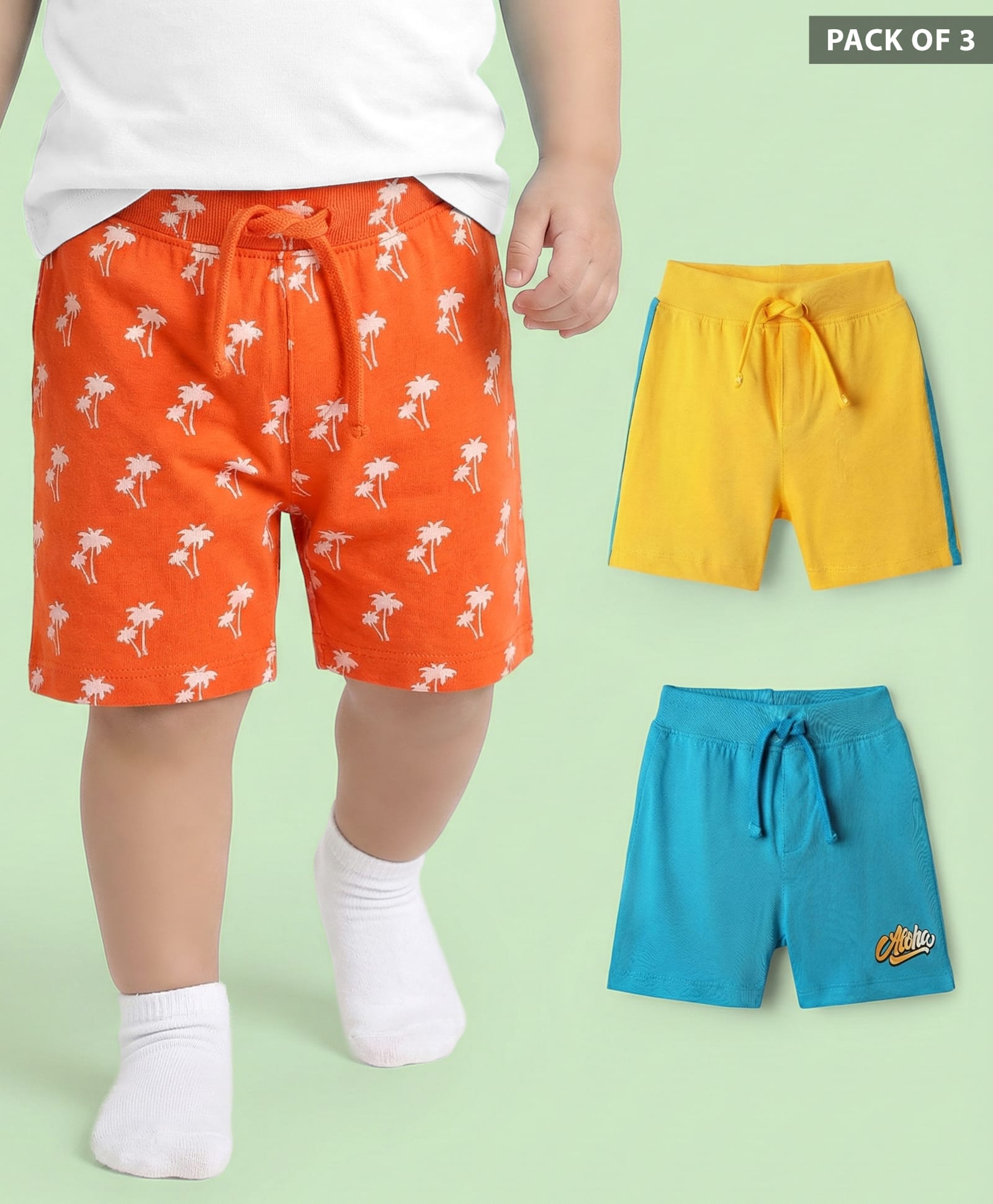 Babyhug Cotton Single Jersey Knit Shorts with Tropical Theme Print Pack of 3 - Yellow Orange & Blue