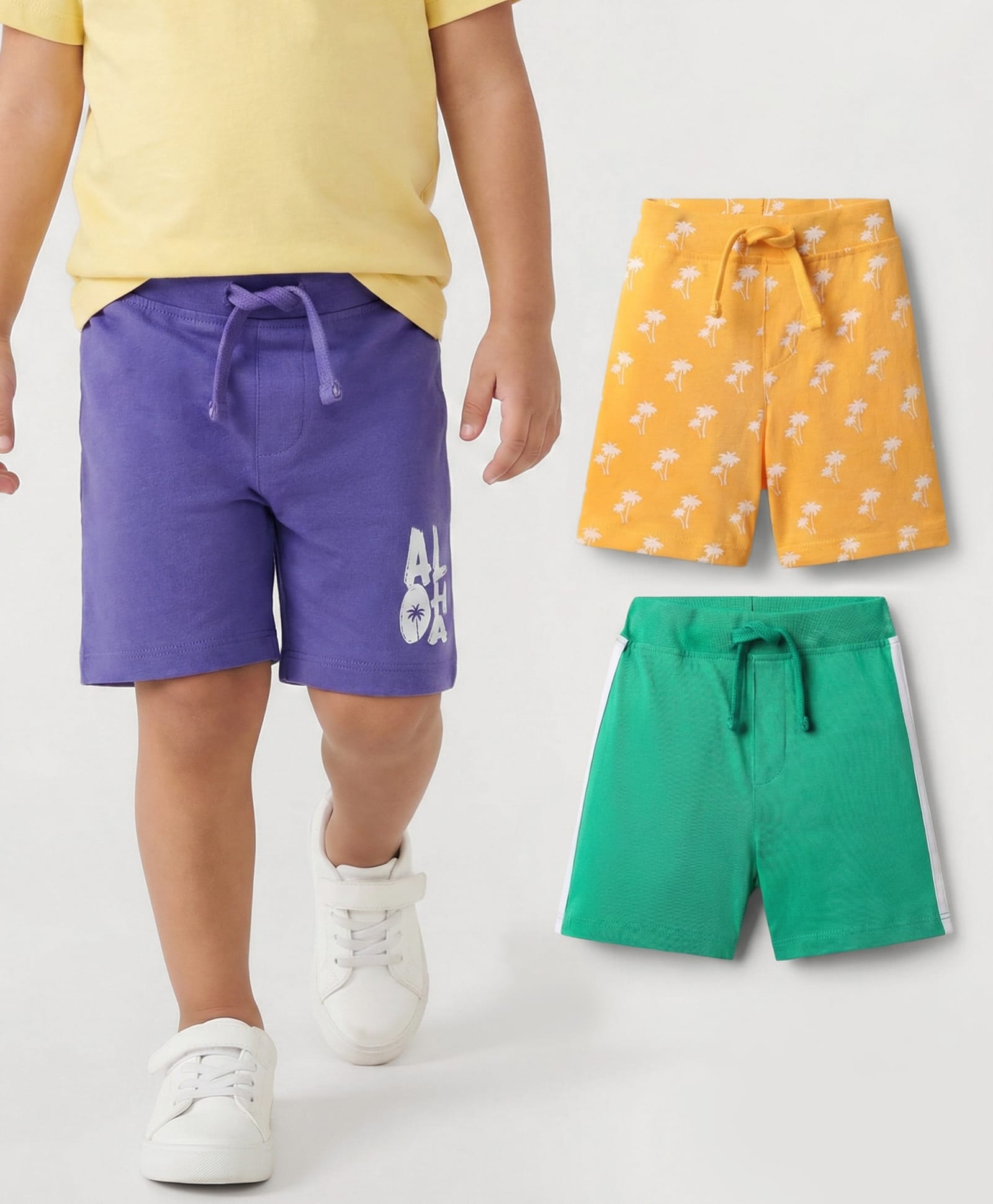 Babyhug Cotton Single Jersey Knit Shorts with Tropical Theme Print Pack of 3 - Yellow Mint & Purple-picture-37