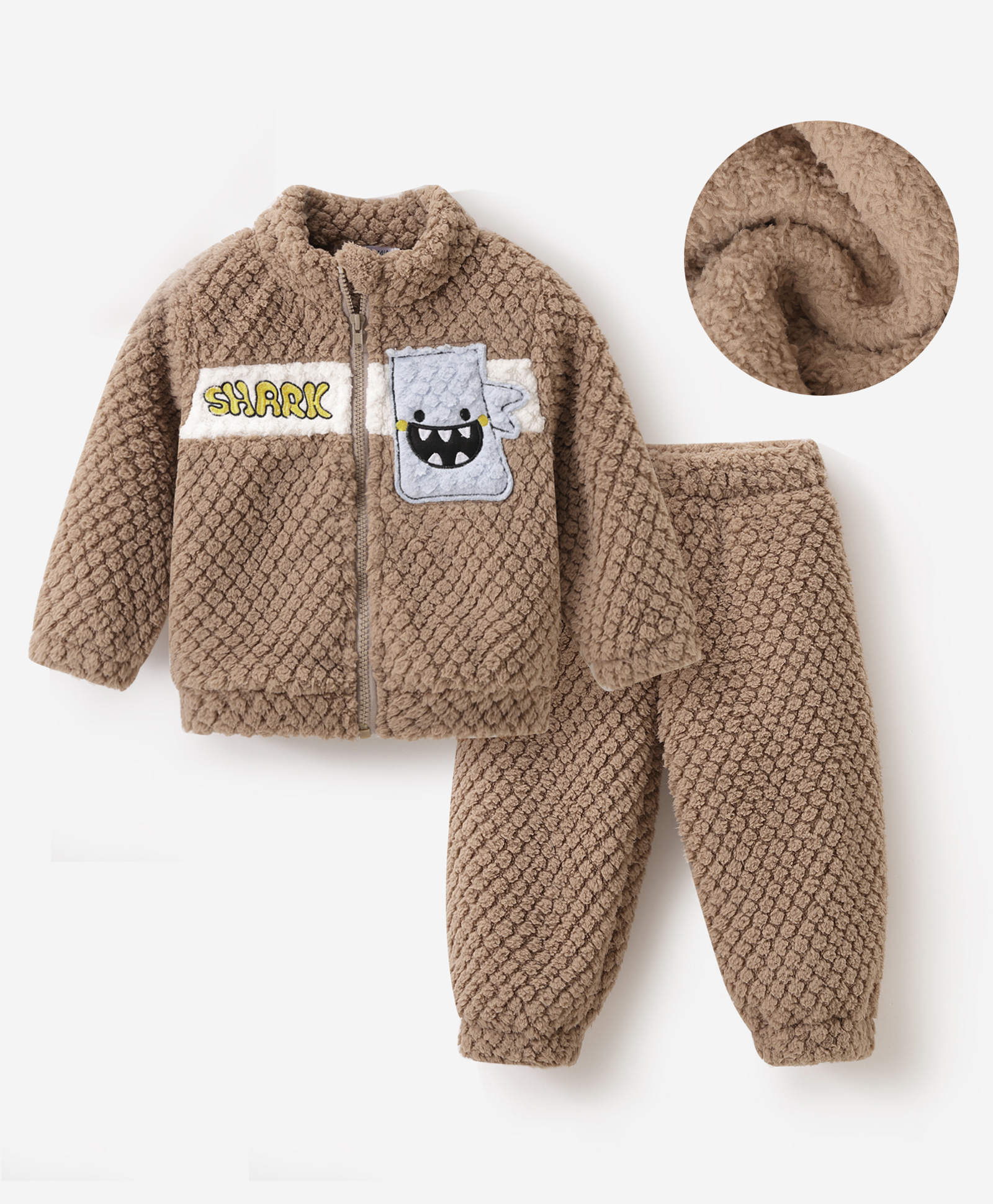 Mark & Mia Full Sleeves Winter Wear Fur Sweatjacket & Lounge Pant Set with Shark Patch Detailing - Light Brown-image-11