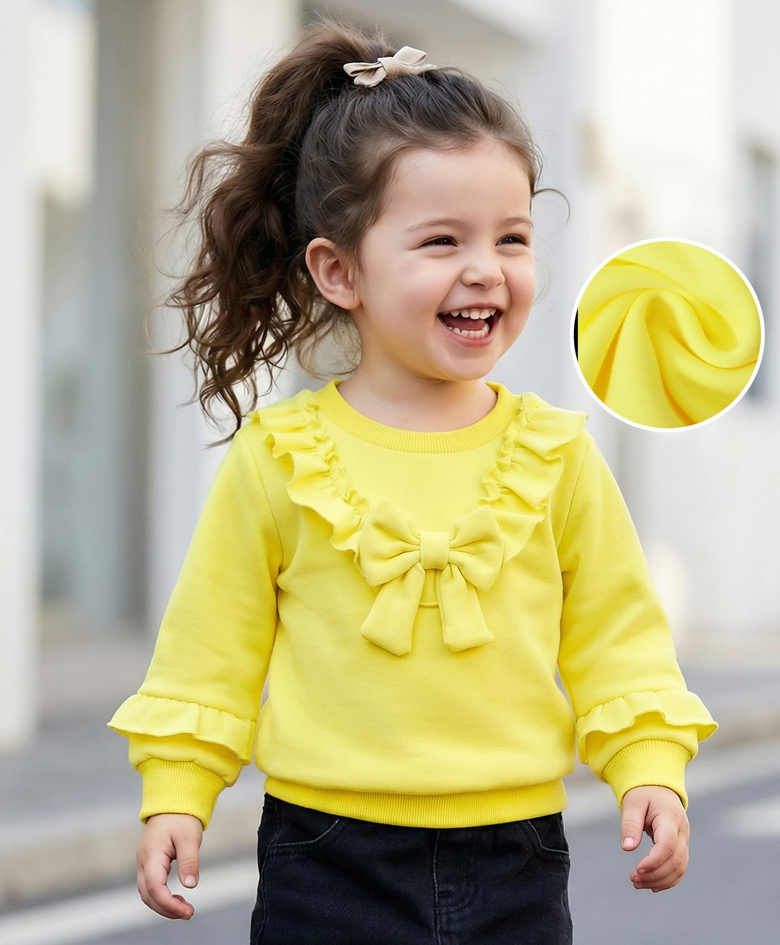 Mark & Mia Full Sleeves Winter T-Shirt with Bow & Frill Detailing - Light Yellow-image-8