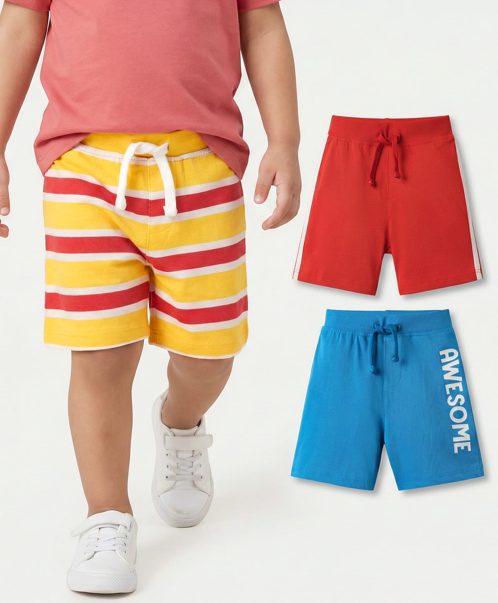Babyhug Cotton Single Jersey Knit Shorts with Text Print Stripes & Tape Detailing Pack of 3 - Red Yellow & Blue-picture-16