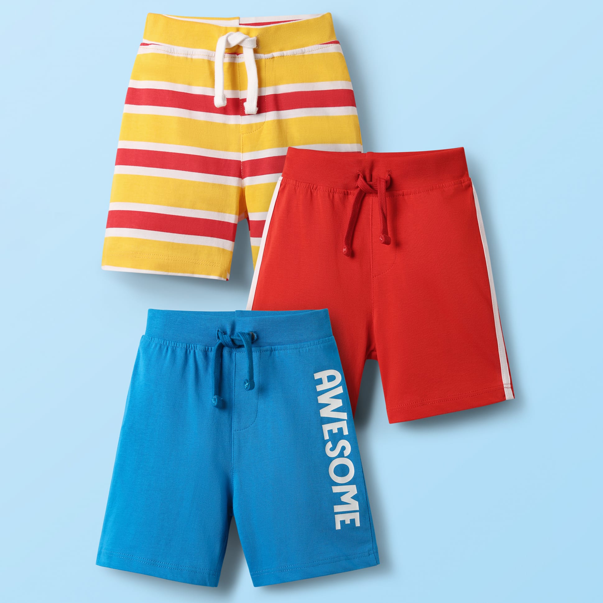 Babyhug Cotton Single Jersey Knit Shorts with Text Print Stripes & Tape Detailing Pack of 3 - Red Yellow & Blue