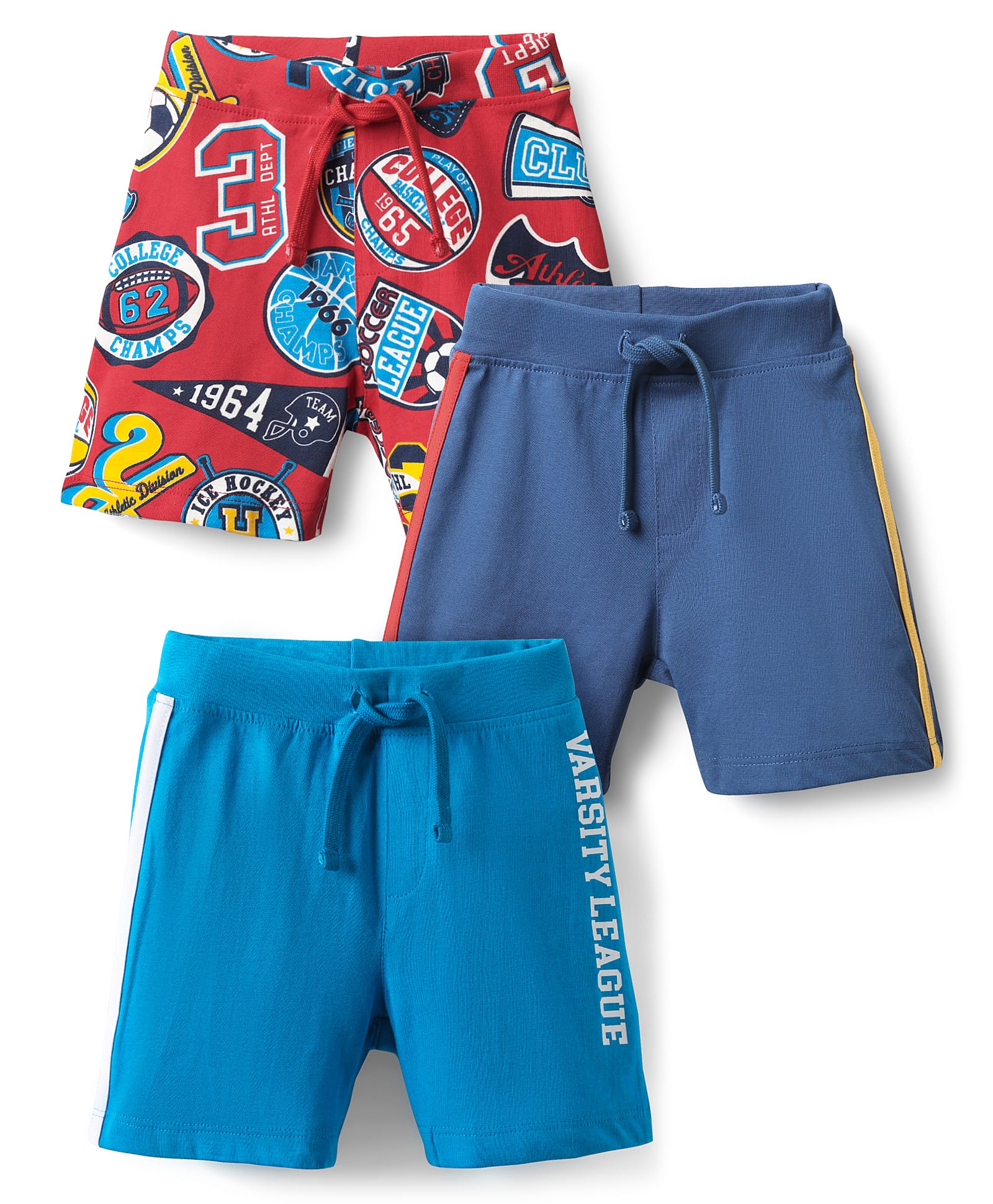 Babyhug Cotton Single Jersey Knit Shorts With Sports Theme Print Pack Of 3 - Red Navy Blue & Light Blue