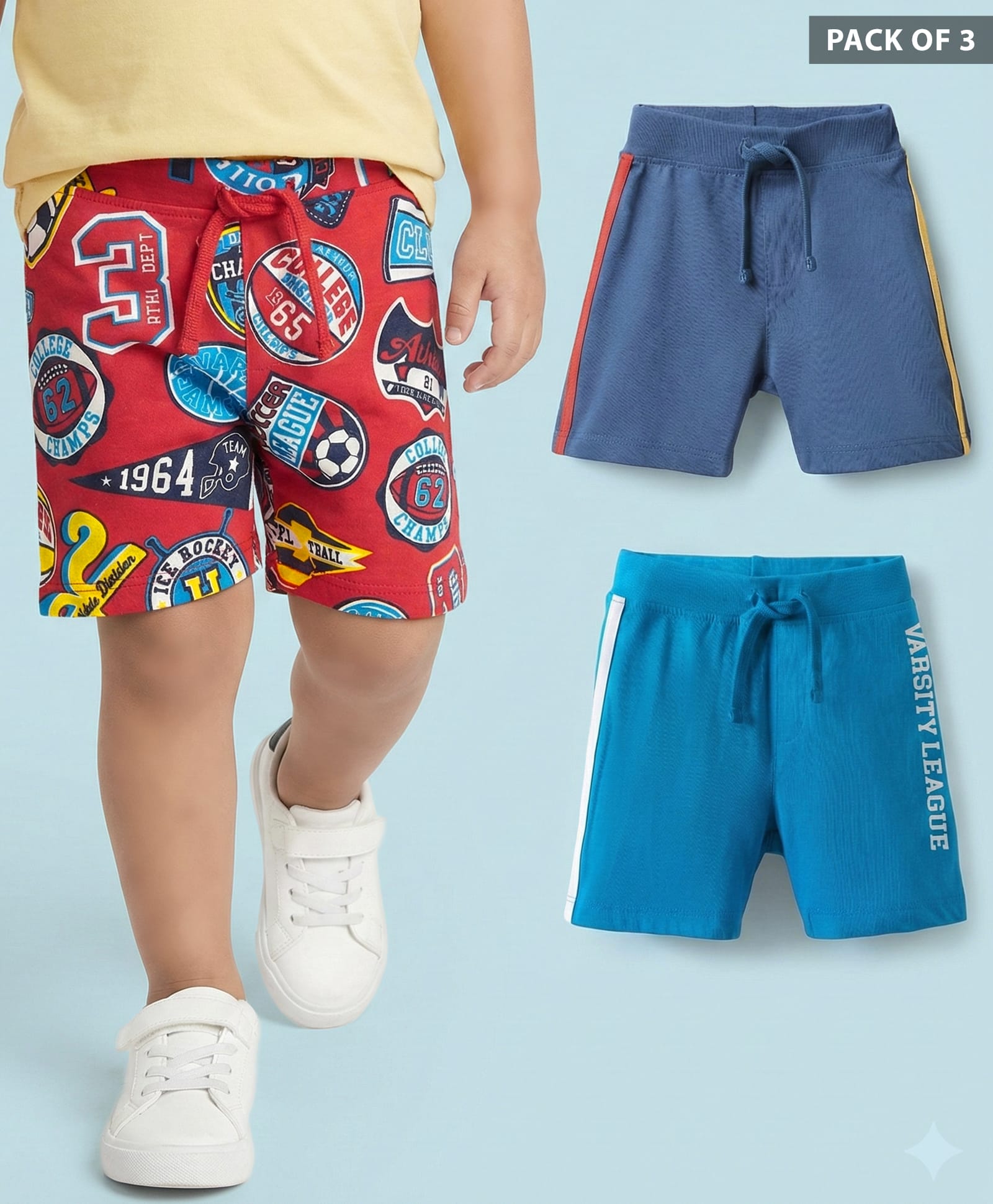 Babyhug Cotton Single Jersey Knit Shorts With Sports Theme Print Pack Of 3 - Red Navy Blue & Light Blue-picture-32
