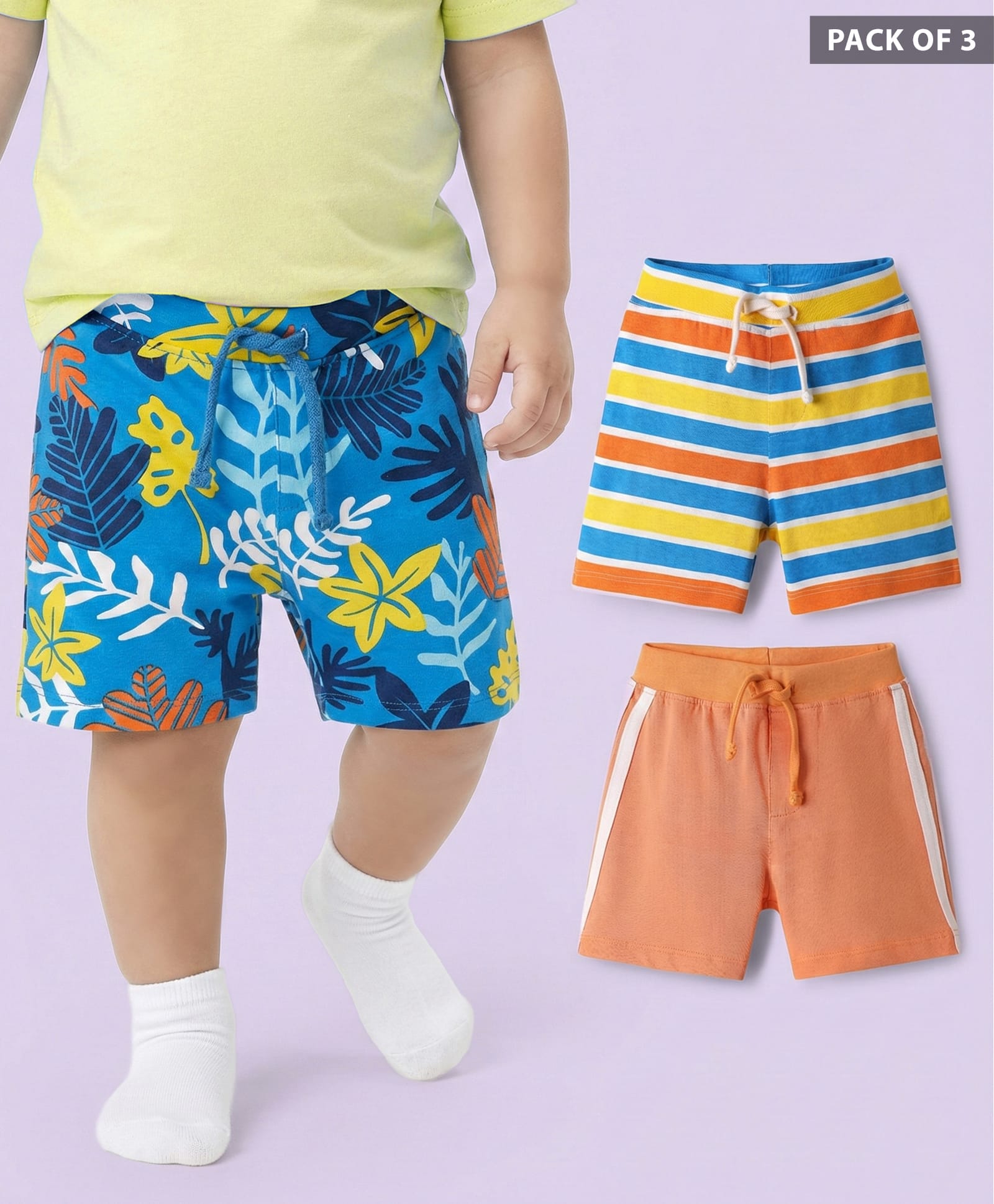 Babyhug Cotton Single Jersey Knit Shorts With Stripes & Tropical Theme Print Pack Of 3 - Blue Orange & Yellow-image-29