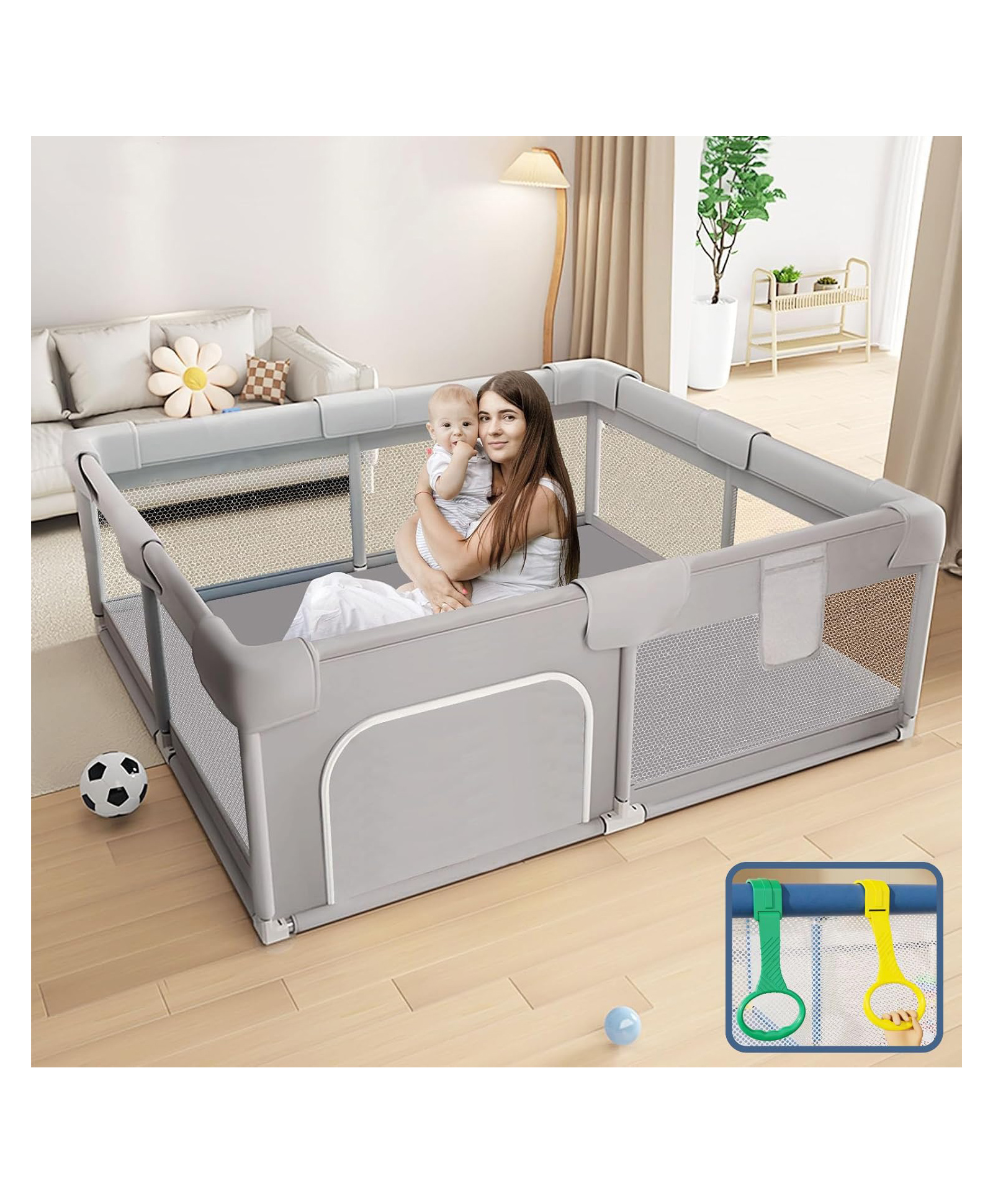 MONSTECH Baby Playpen 180x150cm for 0-5 Years, 2 Anti-Fall Rings, Play Balls, Safety Lock, Breathable Mesh, Kids Activity Center- dark grey-image-47