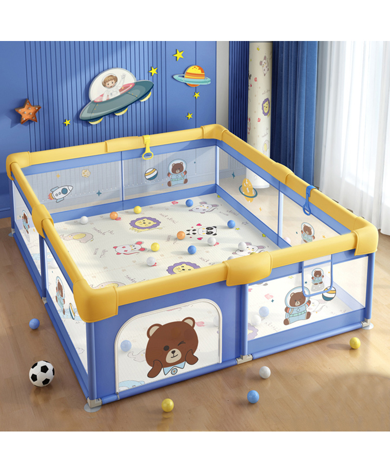 MONSTECH Baby Playpen 180x150cm for 0-5 Years, 2 Anti-Fall Rings, Play Balls, Safety Lock, Breathable Mesh, Kids Activity Center- Blue