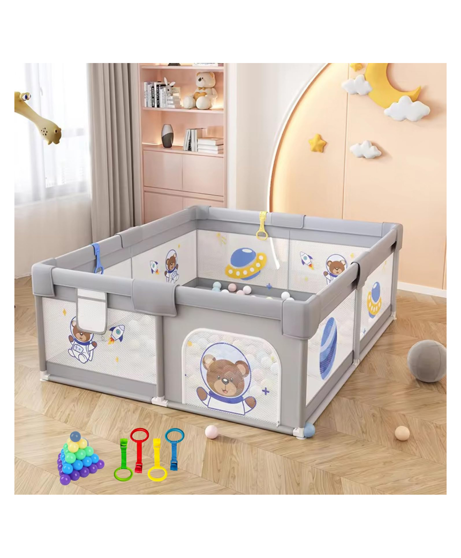 MONSTECH Baby Playpen 180x150cm for 0-5 Years, 2 Anti-Fall Rings, Play Balls, Safety Lock, Breathable Mesh, Kids Activity Center -Grey-picture-27