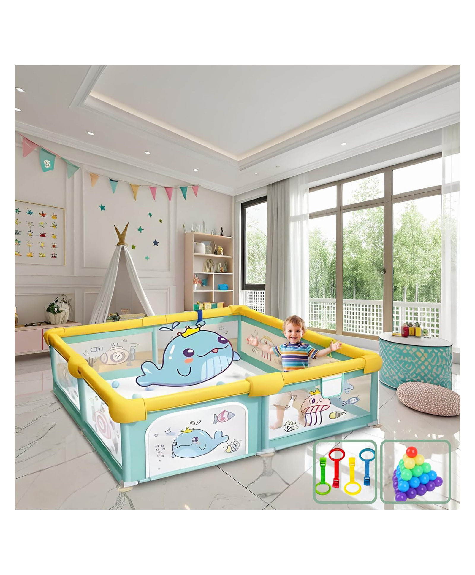 MONSTECH ExtraLarge Baby Playpen 200x180cm Playpen for Baby up to 5 Years with 2 Anti-Fall Rings, pit balls, Safety Lock, Breathable Mesh, Kids Activity Center Play Pen-image-48