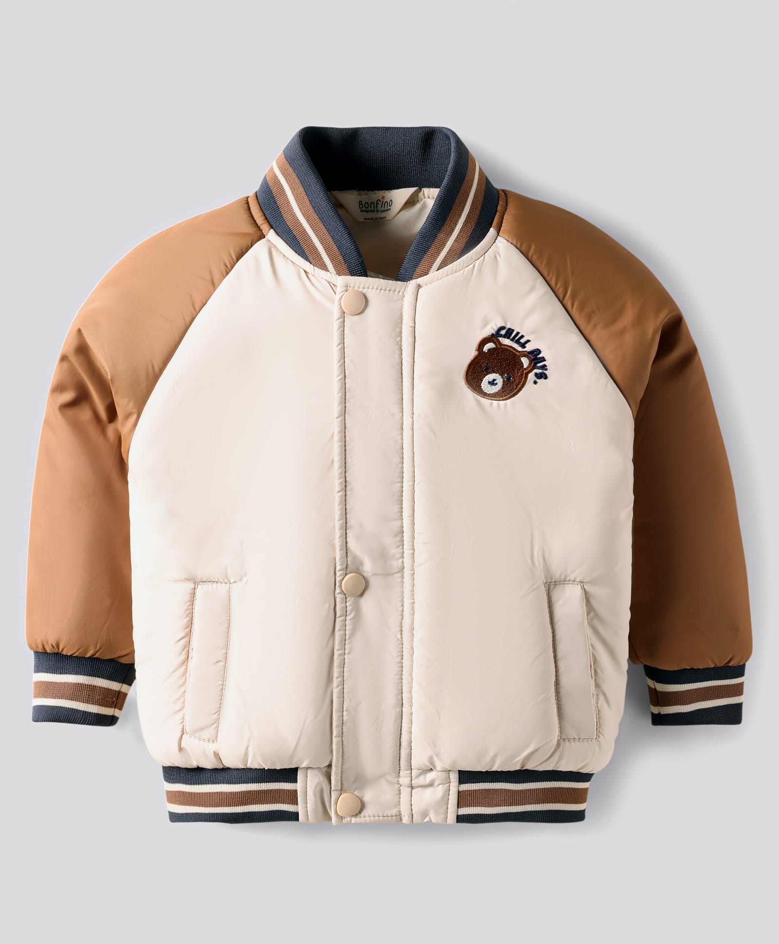 Bonfino Woven Full Raglan Sleeves Colour Block Puffer Bomber Jacket With Badge Detailing - Multicolor-image-43