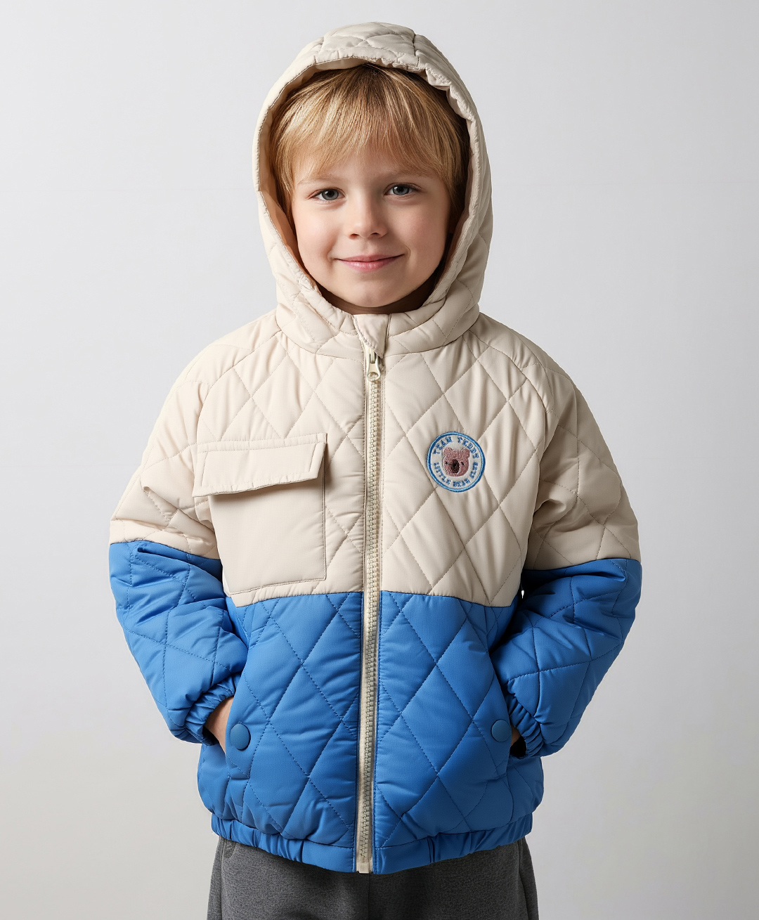 Bonfino Woven Full Raglan Sleeves Quilted Padded Jacket with Hood & Patch Detailing - Blue & Cream-picture-22