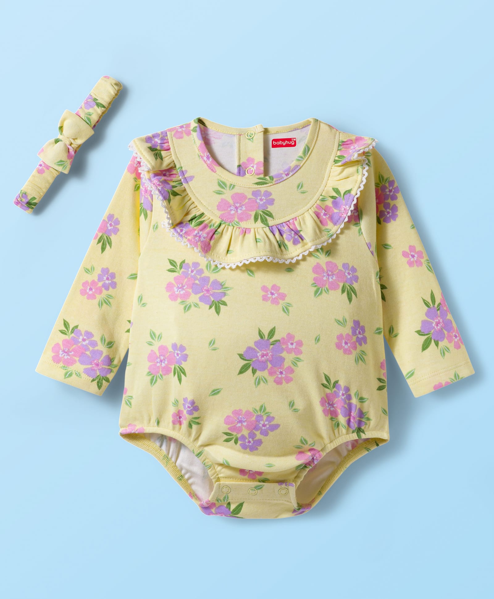 Babyhug 100% Cotton Knit Full Sleeves Onesie With Floral Print & Headband - Yellow-picture-26