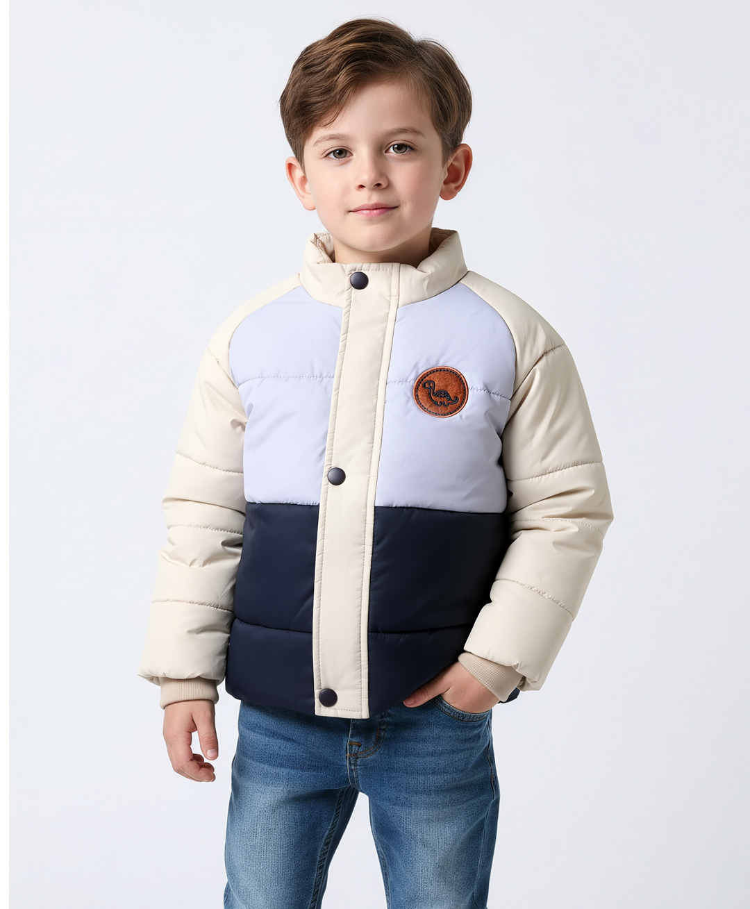 Bonfino Woven Full Raglan Sleeves High Neck Quilted Padded Jacket with Dino Patch Detailing - Blue & Cream-picture-32