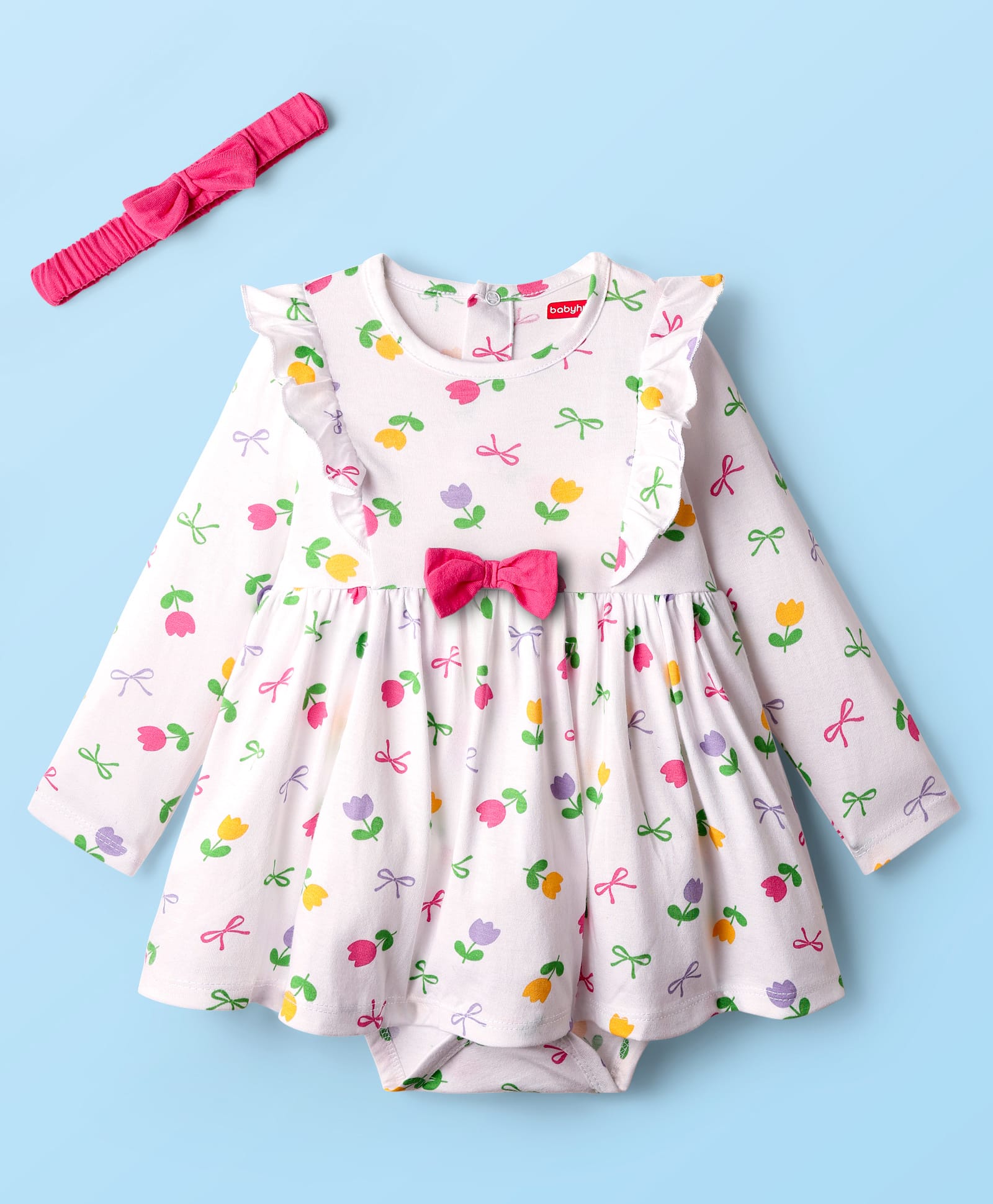 Babyhug 100% Cotton Single Jersey Knit Full Sleeves Frock Style Onesie with Headband Frill Detailing Bow Applique & Floral Print - White-picture-20