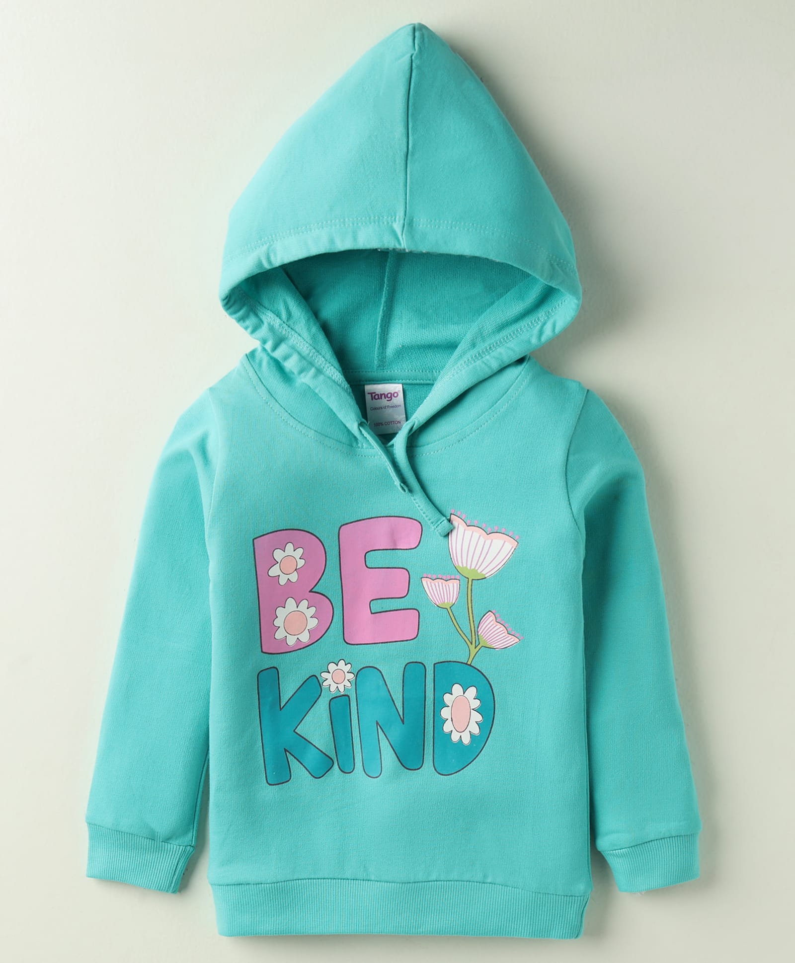 Tango Looper Knit Full Sleeves Hooded T-Shirt with Be Kind Text Print - Aqua Blue-image-3