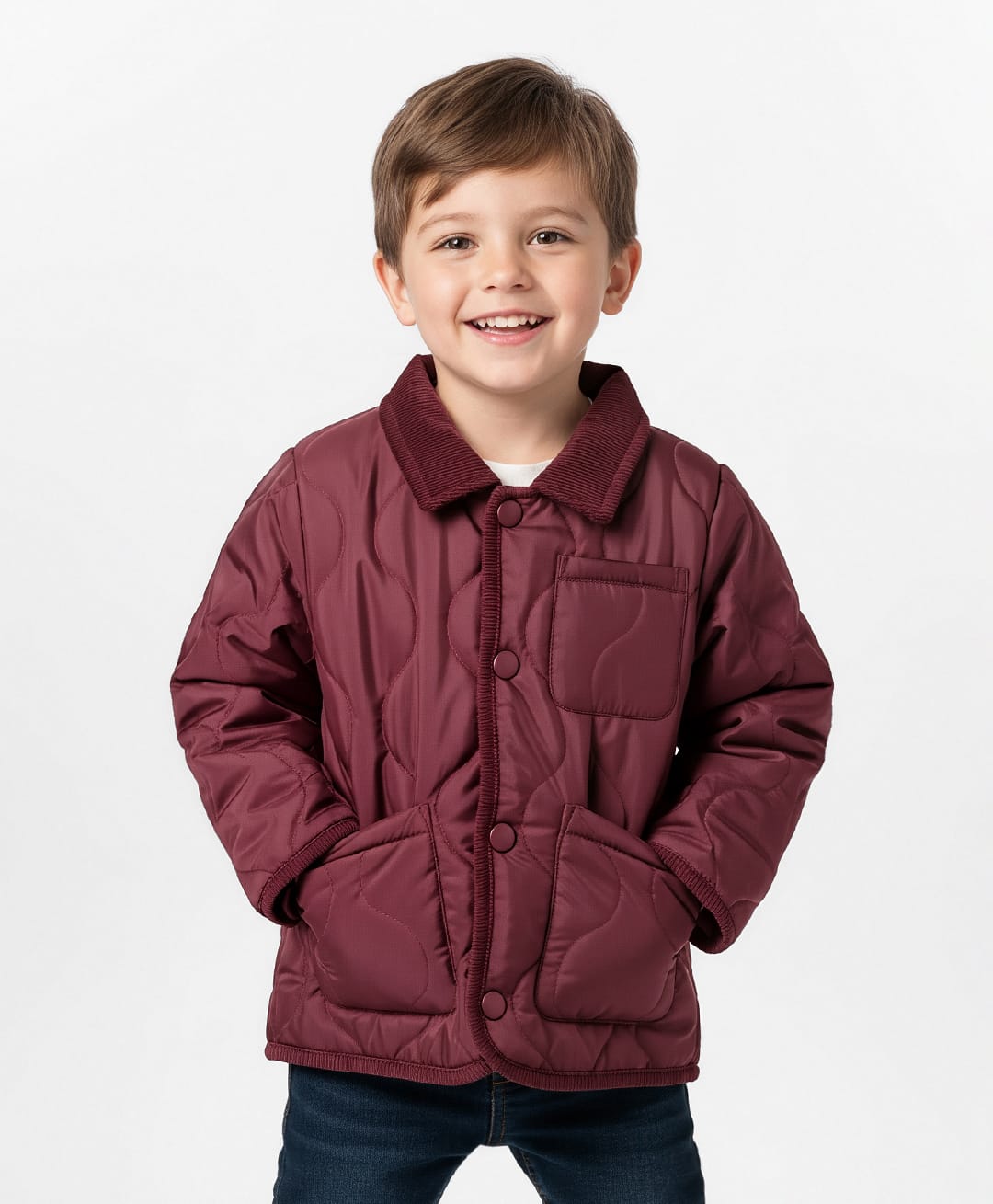 Bonfino Woven Full Sleeves Corduroy Collar Neck Puffed Quilted Jacket With Pocket Patch - Wine-picture-26