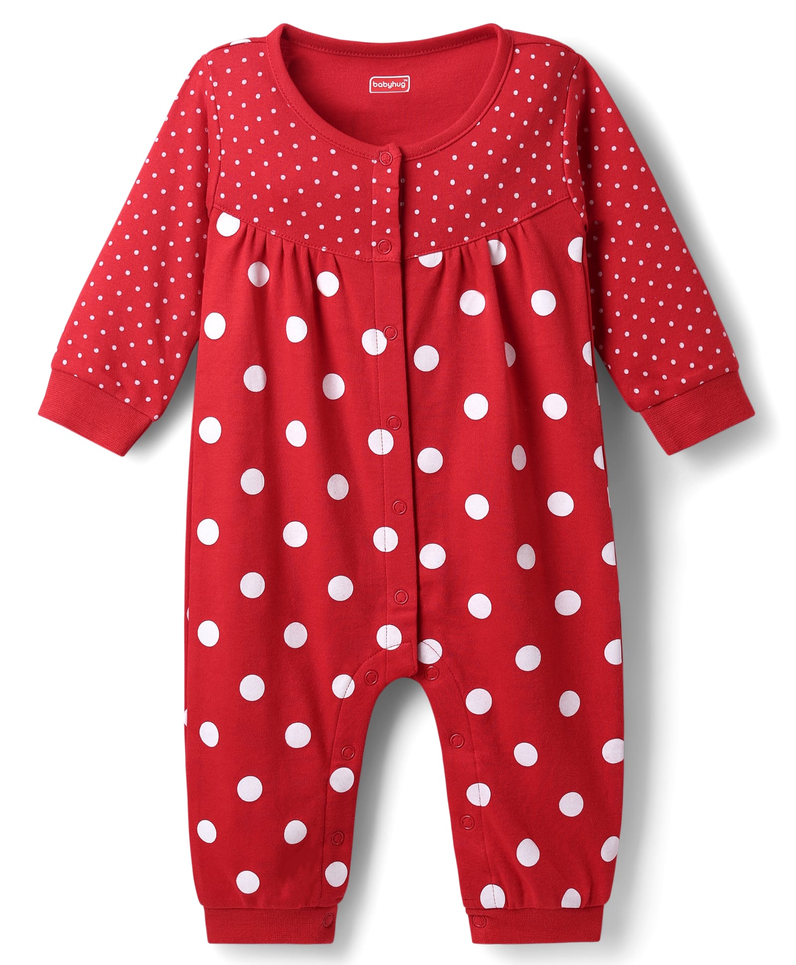 Babyhug 100% Cotton Knit Full Sleeves Front Open Romper with Polka Dots Print - Red