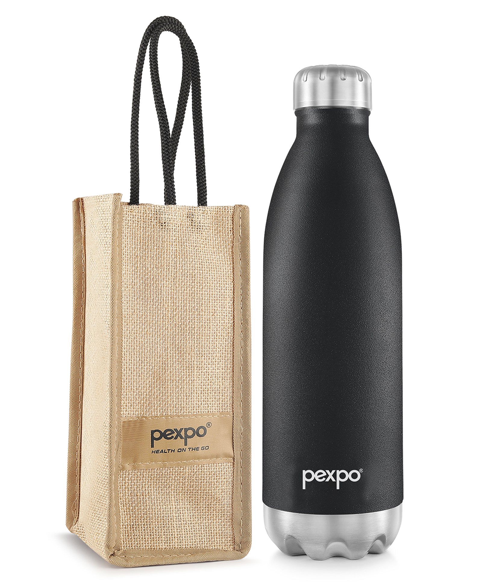 pexpo electro 1800 hot & cold isi certified with jute bag | stainless steel water bottle - 1750ml, knight black | thermoflask | office bottle | workout | travelling