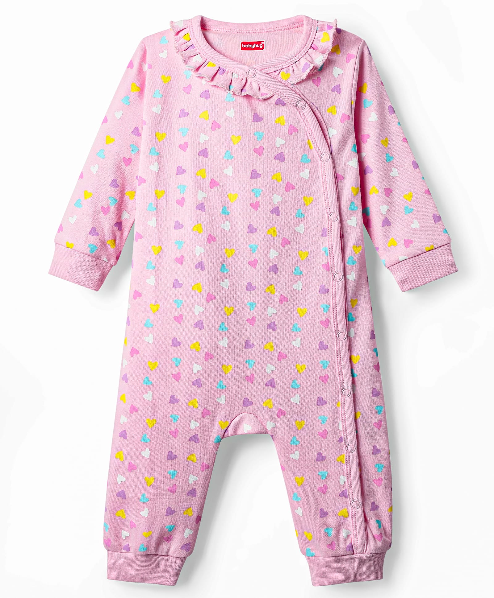Babyhug 100% Cotton Interlock Knit Full Sleeves Romper with Heart Print - Light Pink-image-48