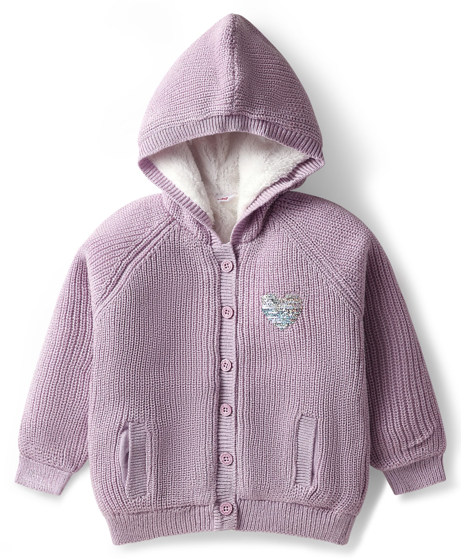 Babyhug Knit Full Raglan Sleeves Hooded Front Open Sweater with Sequin Detailing - Lavender-picture-11