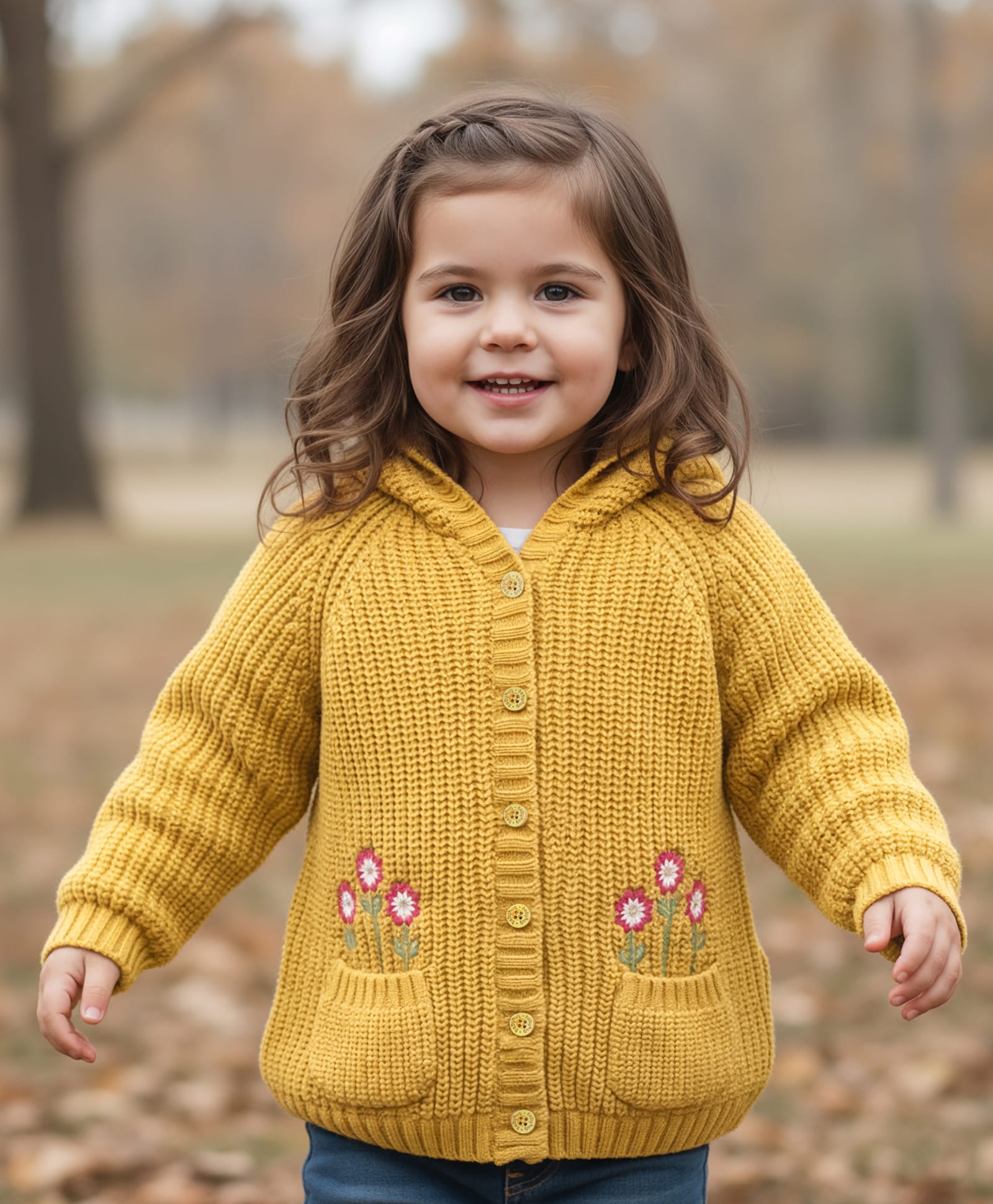 Babyhug Knit Full Raglan Sleeves Hooded Sweater With Floral Embroidery - Mustard-picture-33