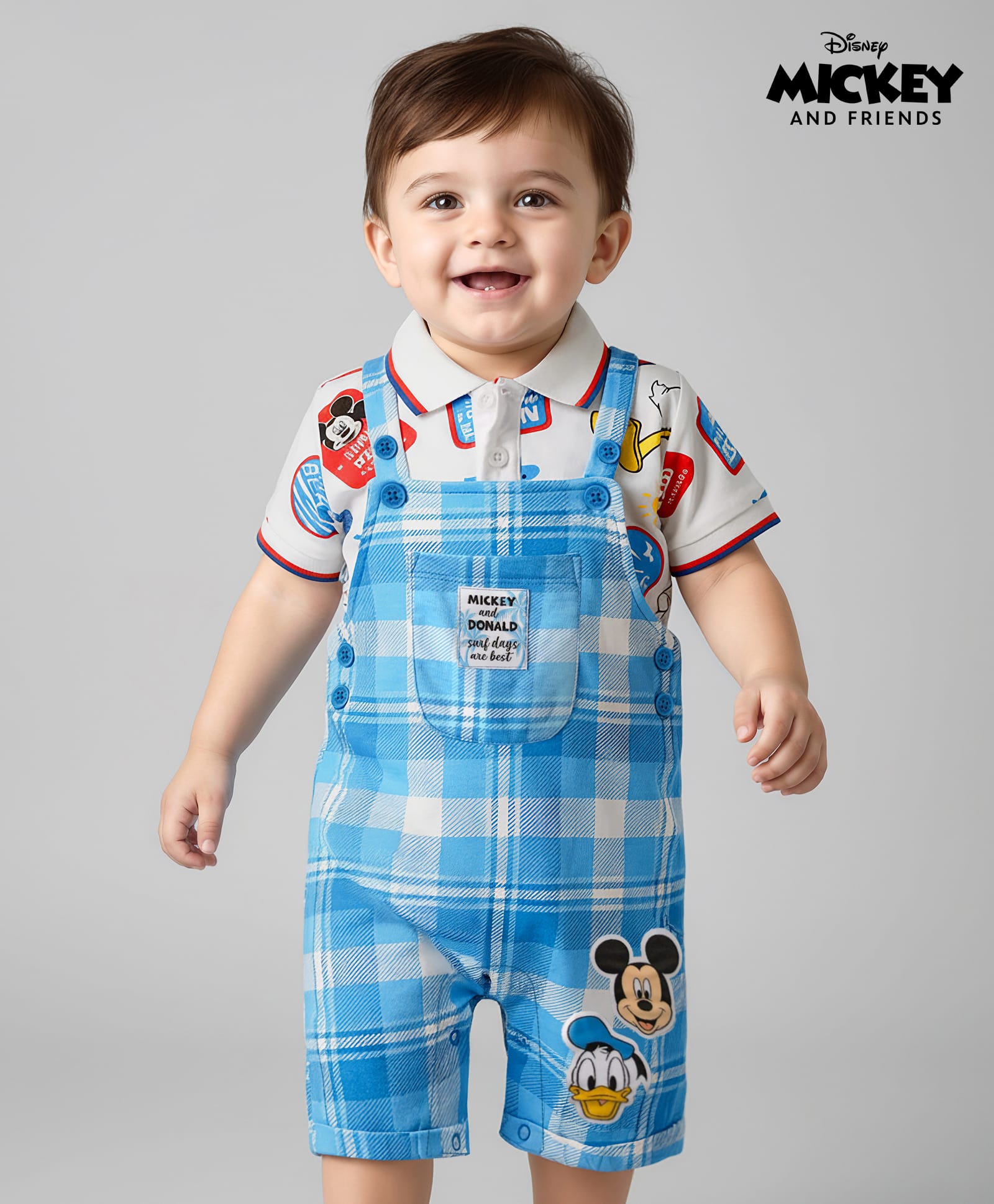 Babyhug Disney Single Jersey Knit Half Sleeve Polo T-Shirts & Dungaree Set with Mickey Mouse Graphic and Badge Detailing - White & Light Blue-image-6