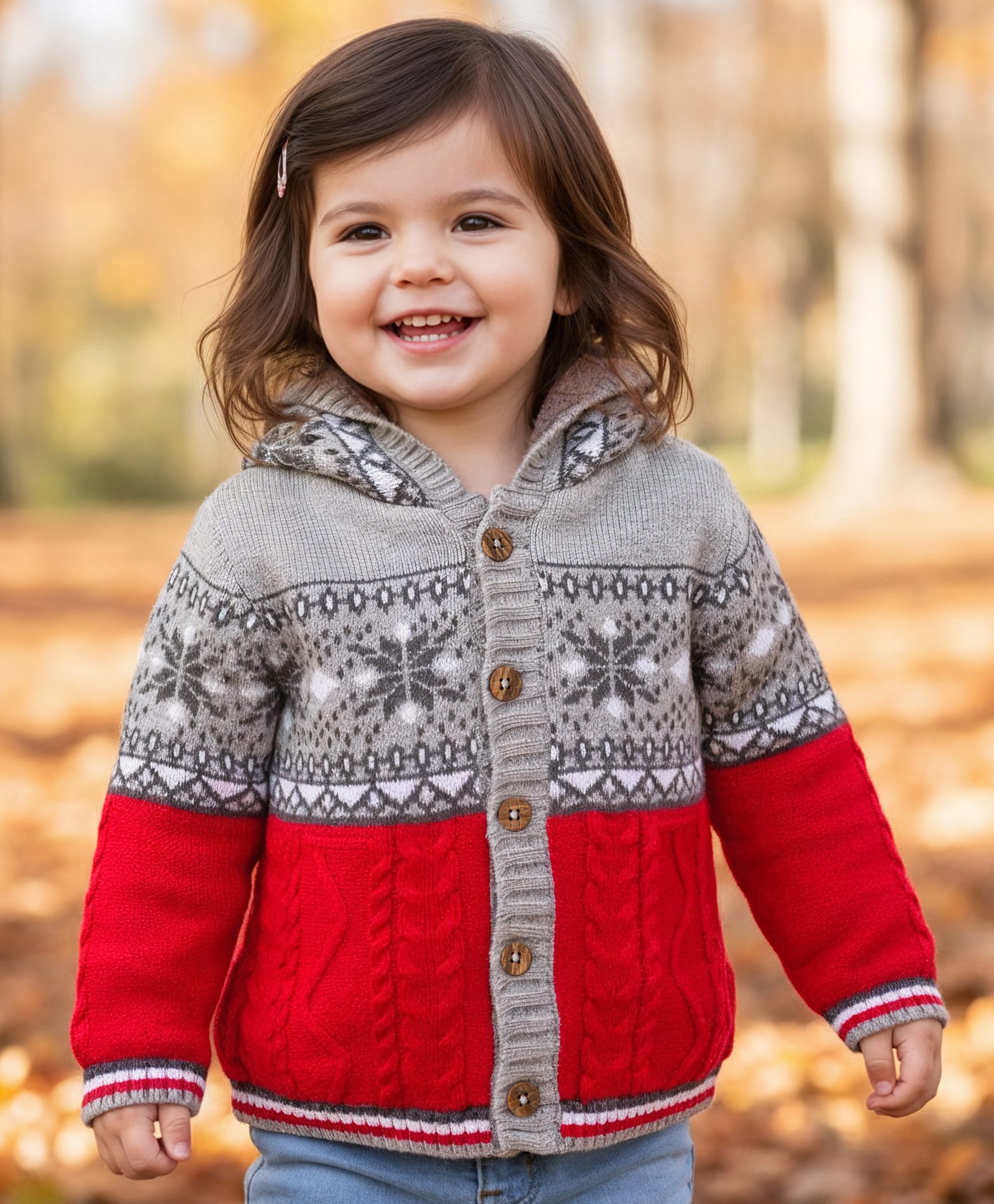 Babyhug Knit Full Sleeves Hooded Front Open Sweater with Aztec Design - Red & Grey-image-17