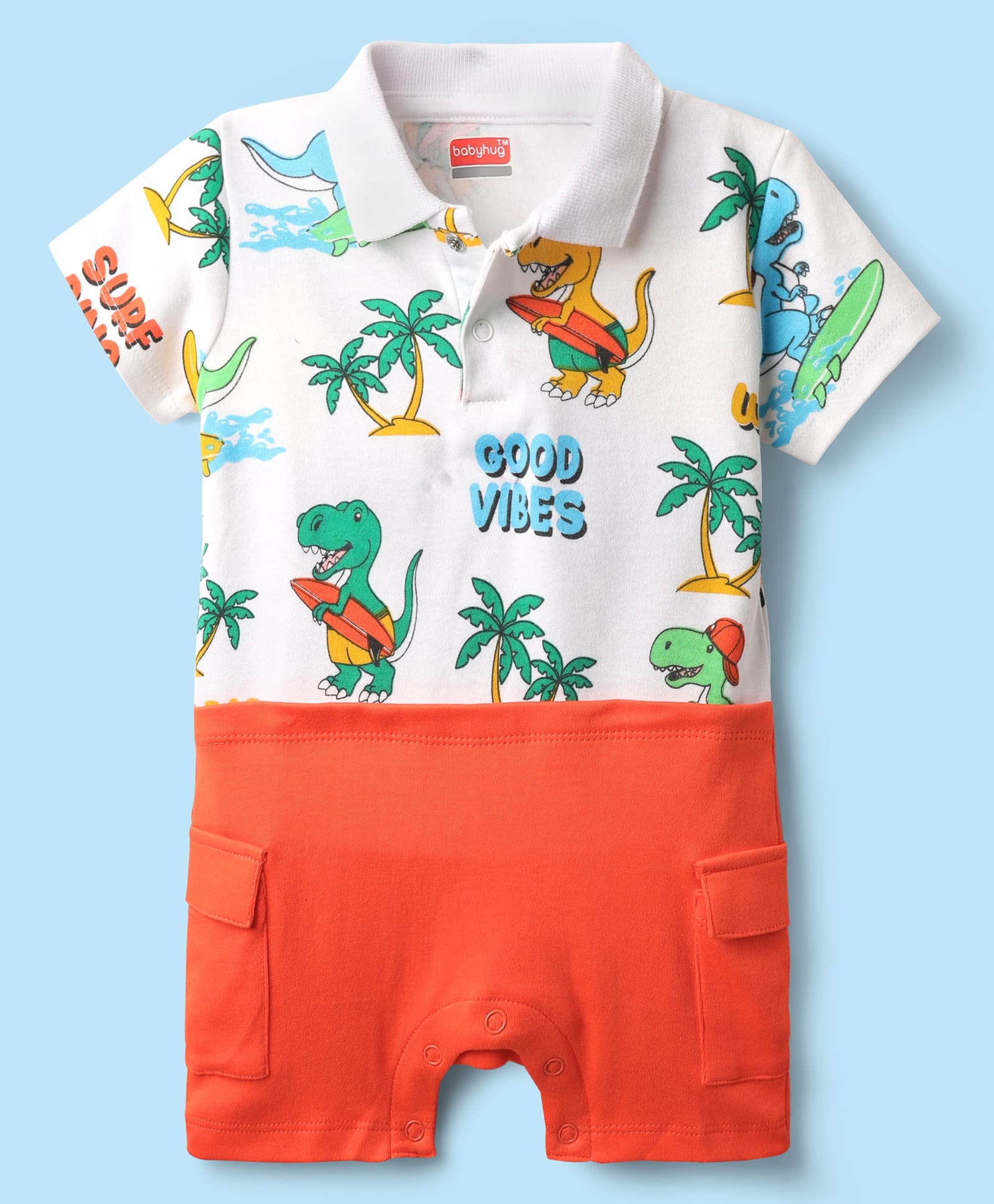 Babyhug 100% Cotton Interlock Knit Half Sleeves Romper with Dino Print - Red & White-image-39