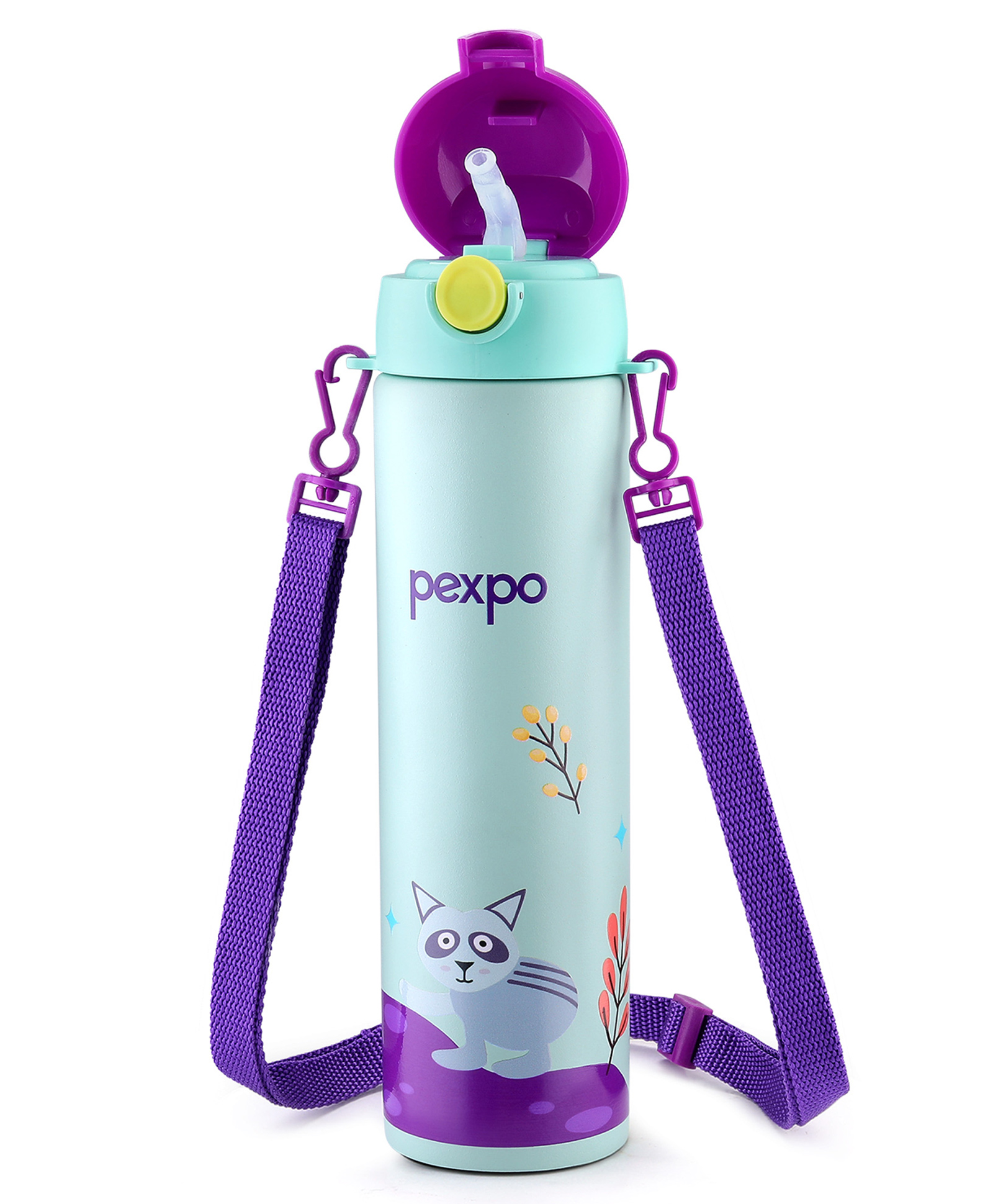 Pexpo Pixy 470 ml Cute Design |Hot & Cold Thermoflask - 470ml, Raccoon Print|Stainless Steel Water Bottle for Kids & Adults|Vacuum Insulated|Portable Handle|Double Wall-image-14