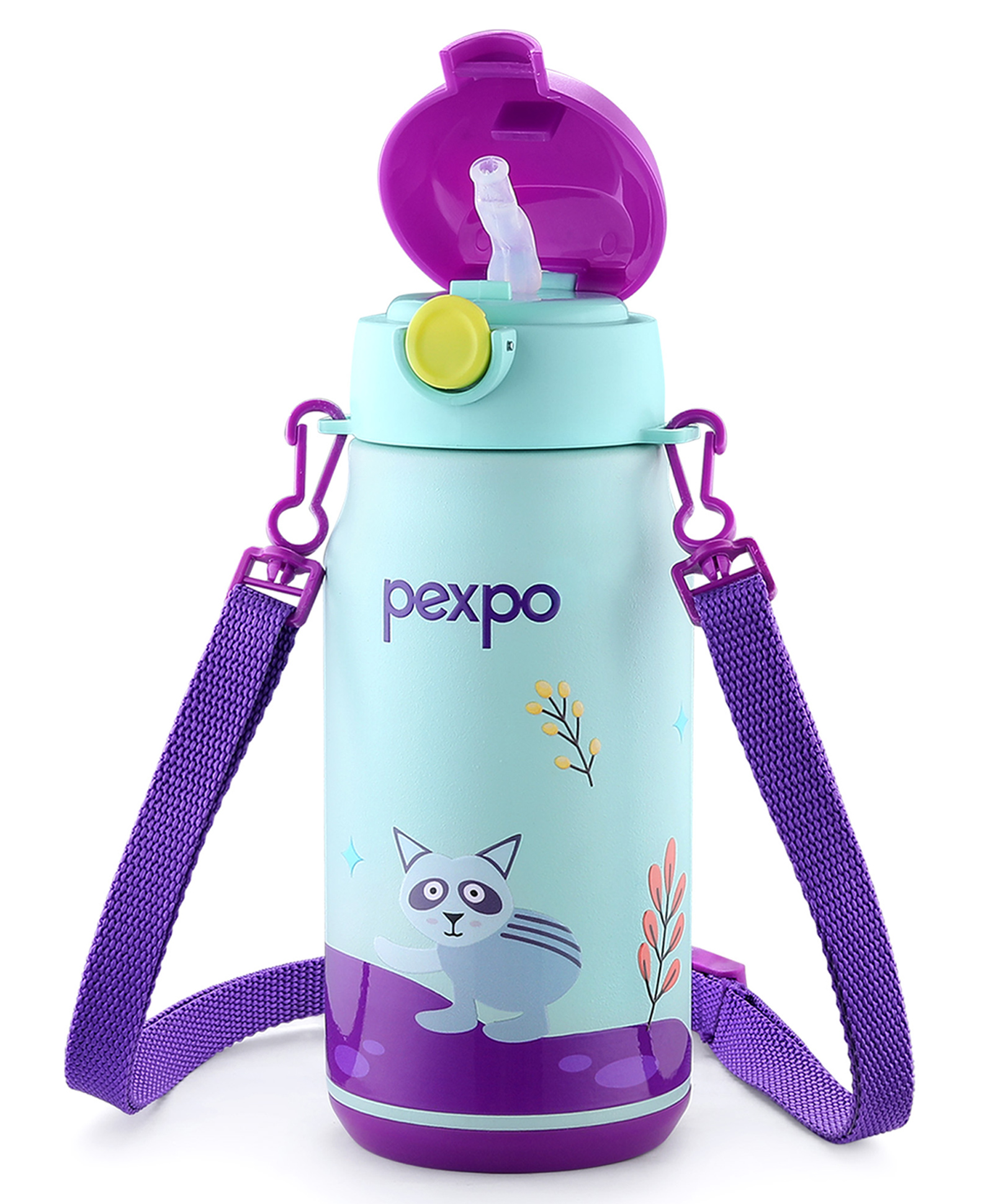 Pexpo Poggo Hot & Cold Stainless Steel Water Bottle for Kids - 420 ml |Raccoon UV Printed Design |Vacuum Insulated|Leak Proof & BPA Free|School, Picnic, Travel