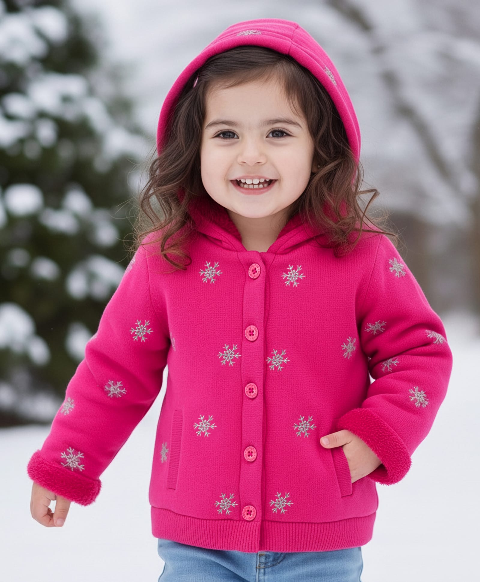 Babyhug Knit Full Sleeves Front Open Hooded Sweater with Snow Flake Design - Fuchsia-image-48