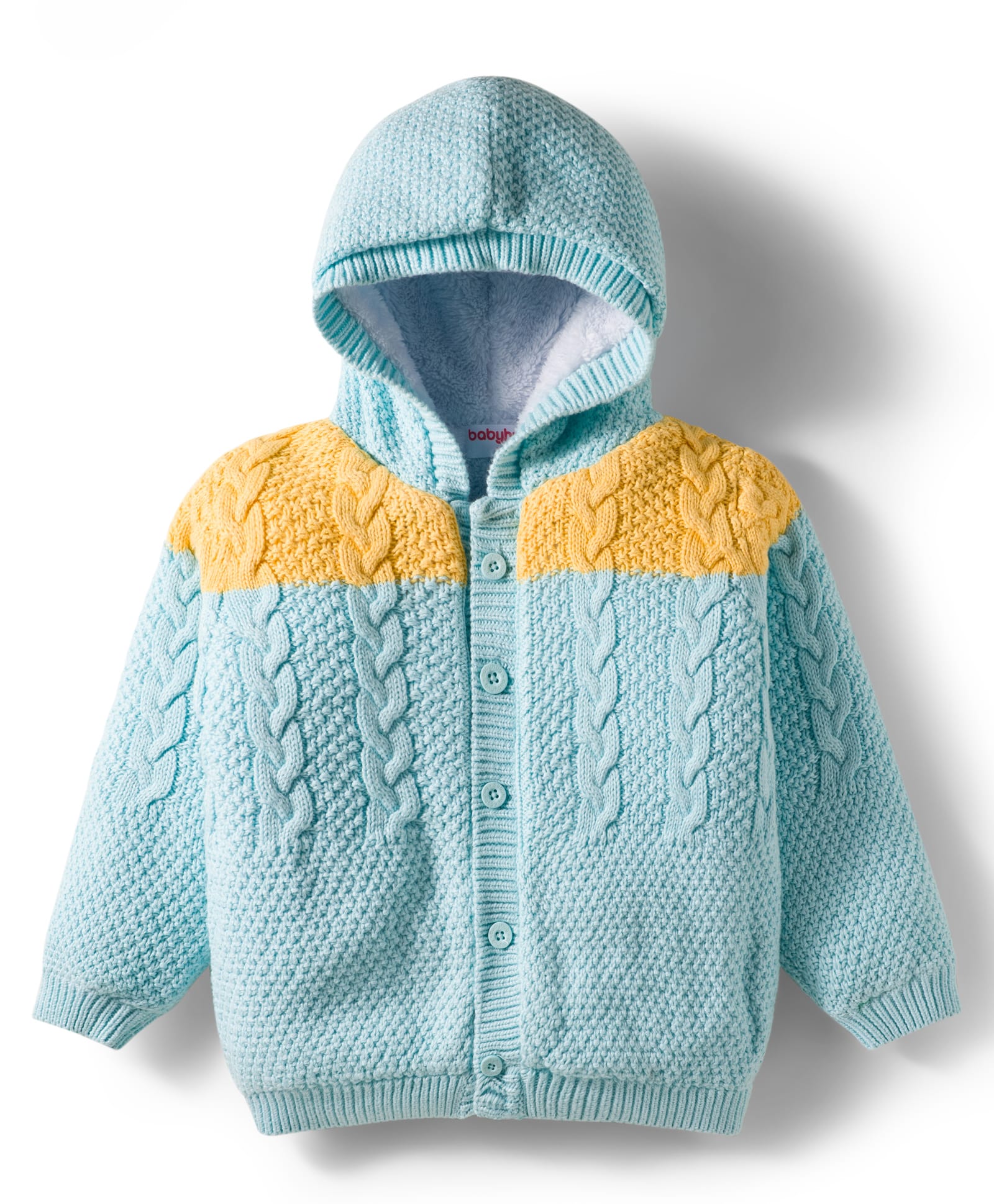 Babyhug Knit Full Sleeves Front Open Hooded Sweater with Cable Knit Design - Aqua Blue-image-23