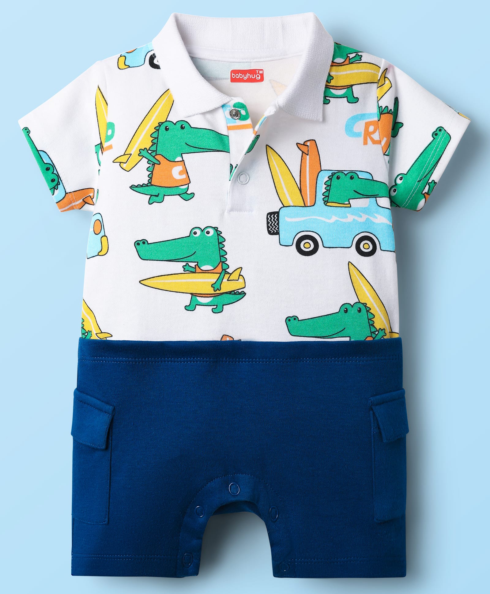 Babyhug 100% Cotton Interlock Knit Romper With Dino Print - Blue & White-image-44