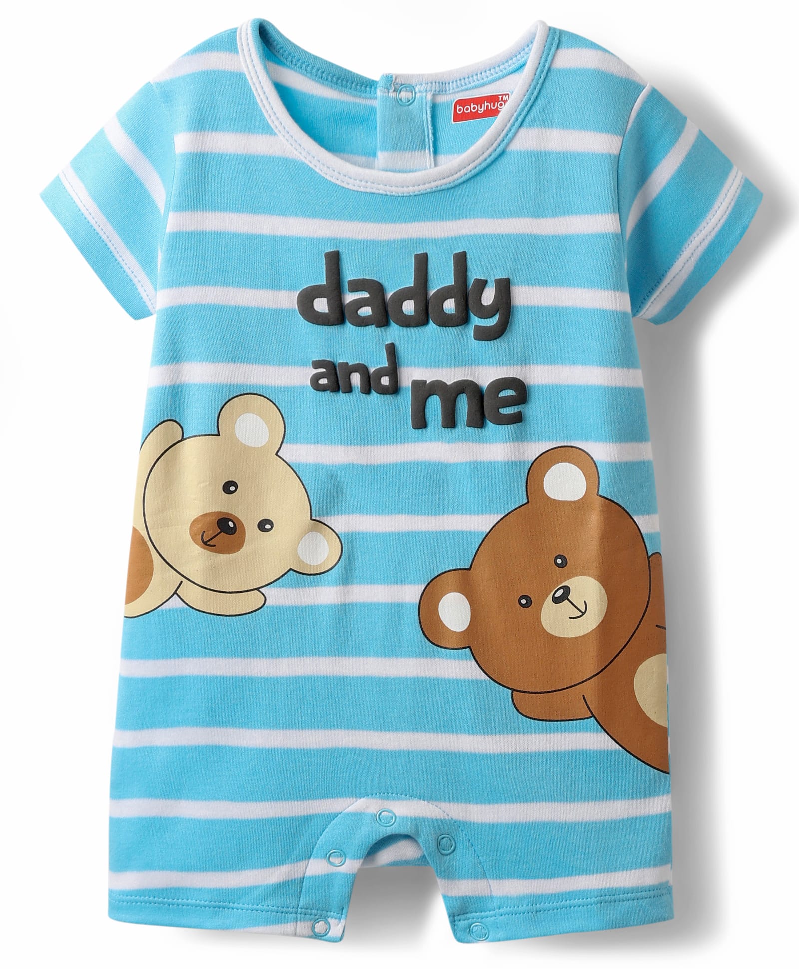 Babyhug 100% Cotton Knit Half Sleeves Striped Romper with Bear Print - Light Blue-image-27