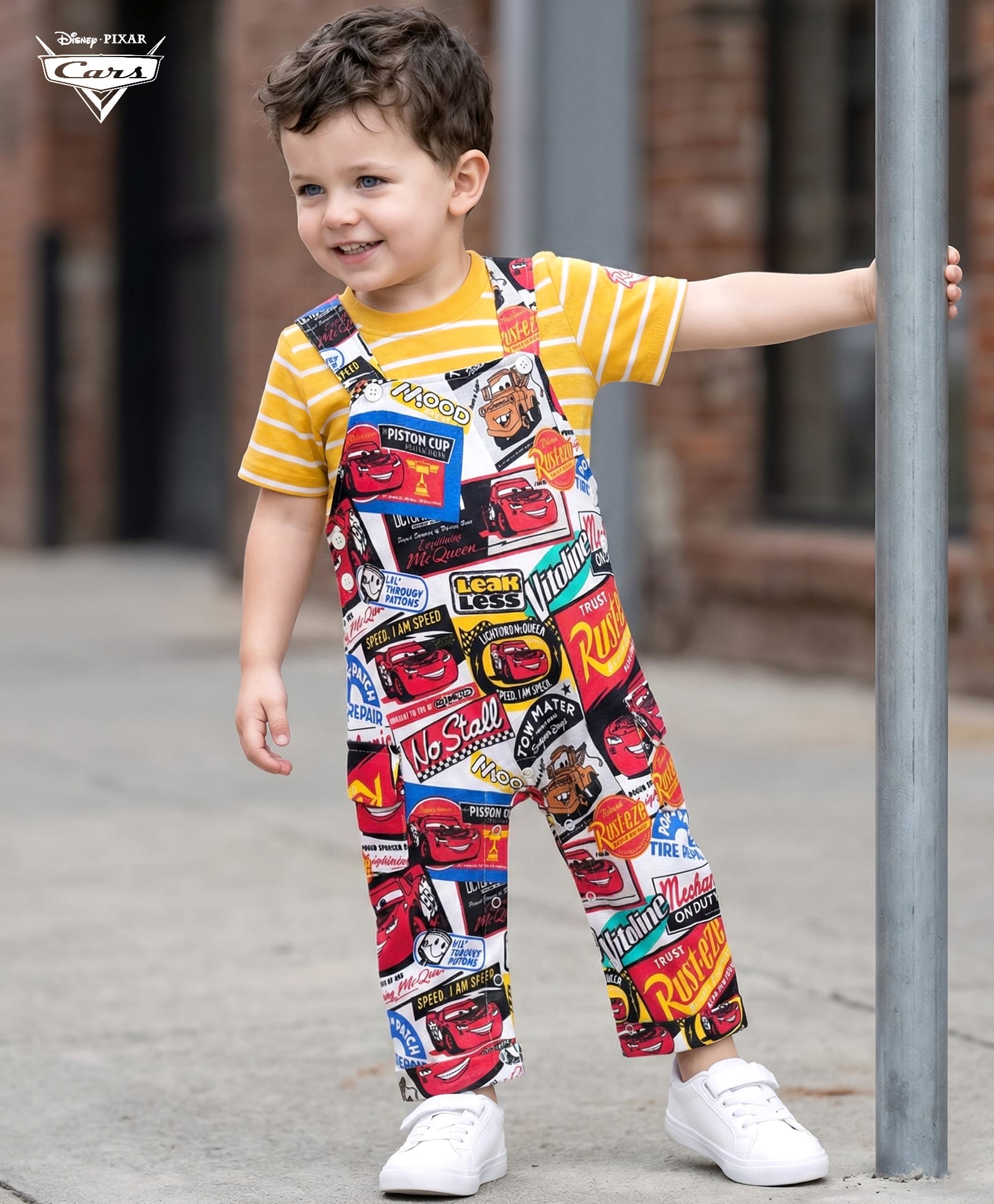 Babyhug Disney Single Jersey Knit Half Sleeve Tee & Dungaree Set with Stripe Design & Disney Pixar Cars Print - Multicolor-image-32