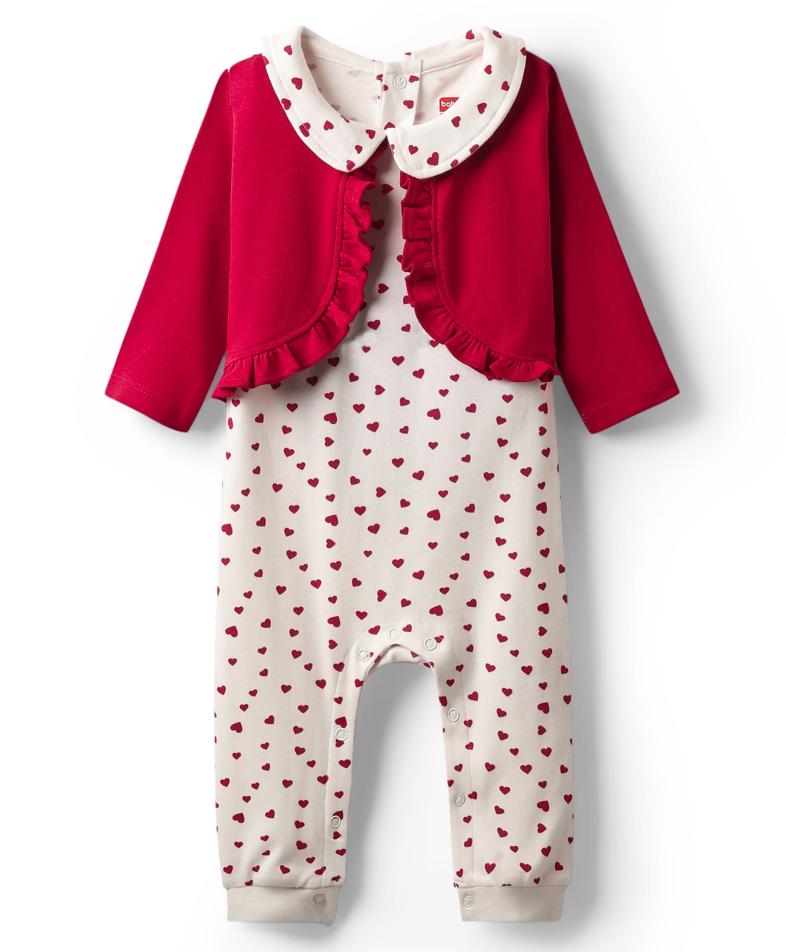 Babyhug 100% Cotton Cotton Knit Full Sleeves Romper with Attached Shrug & Heart Print - Red-image-8