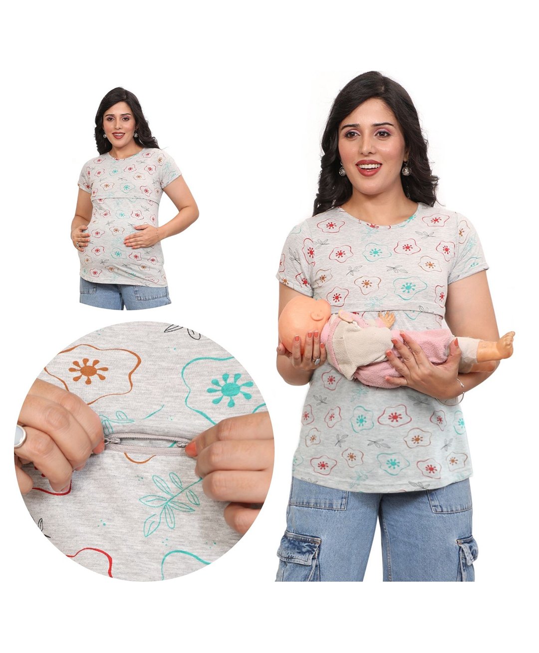 Mama & Bebe Soft Cotton Knit Half Sleeves Leaves Printed Maternity Tee With Front Open Two Layer Lift Nursing Access - Grey-picture-29