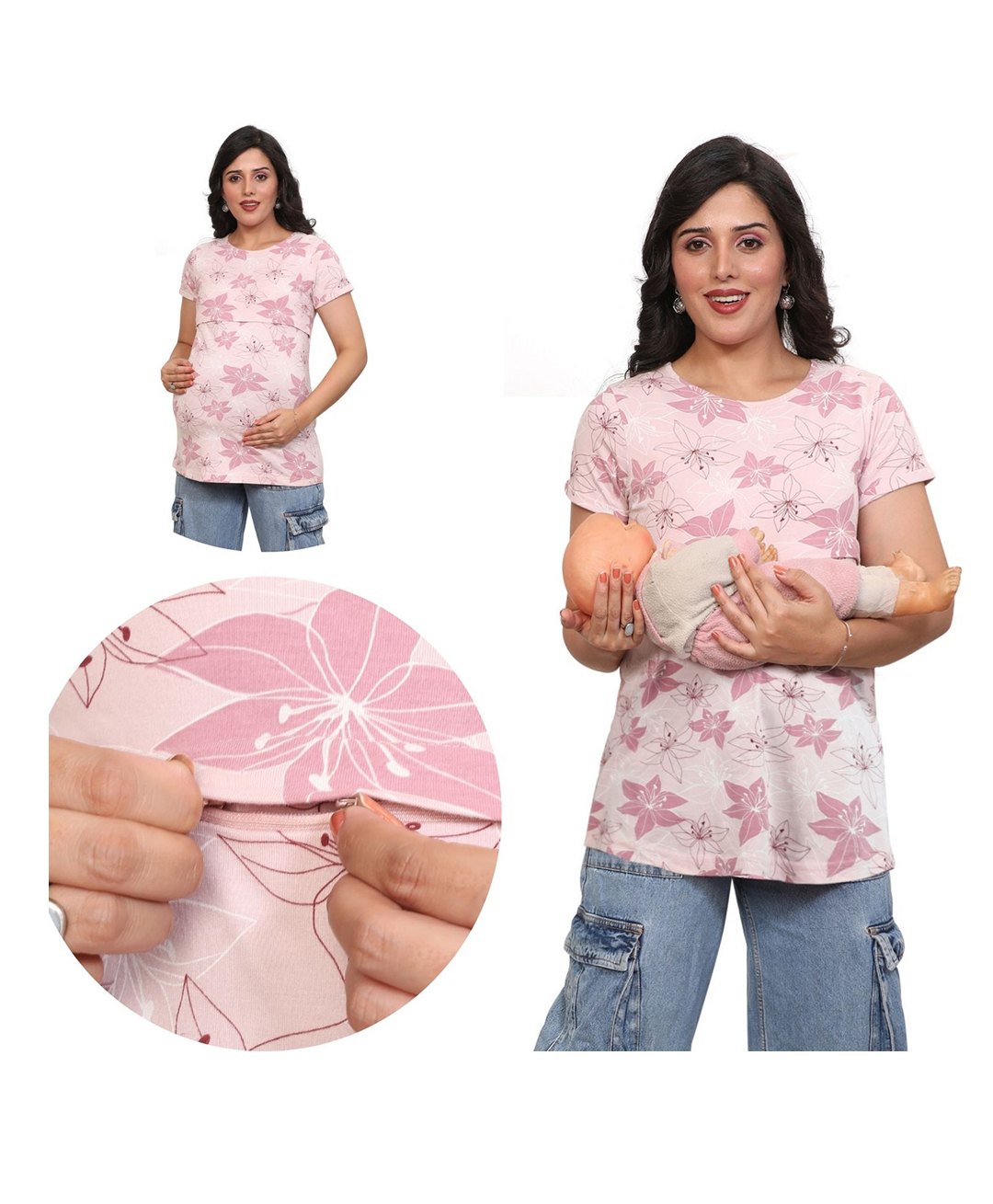 Mama & Bebe Soft Cotton Knit Half Sleeves Floral Printed Maternity Tee With Front Open Two Layer Lift Nursing Access - Peach-picture-26