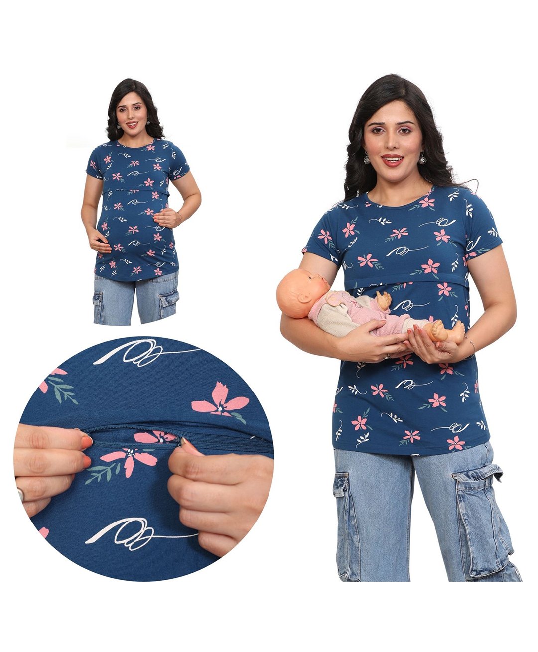 Mama & Bebe Soft Cotton Knit Half Sleeves Floral Printed Maternity Tee With Front Open Two Layer Lift Nursing Access - Navy Blue