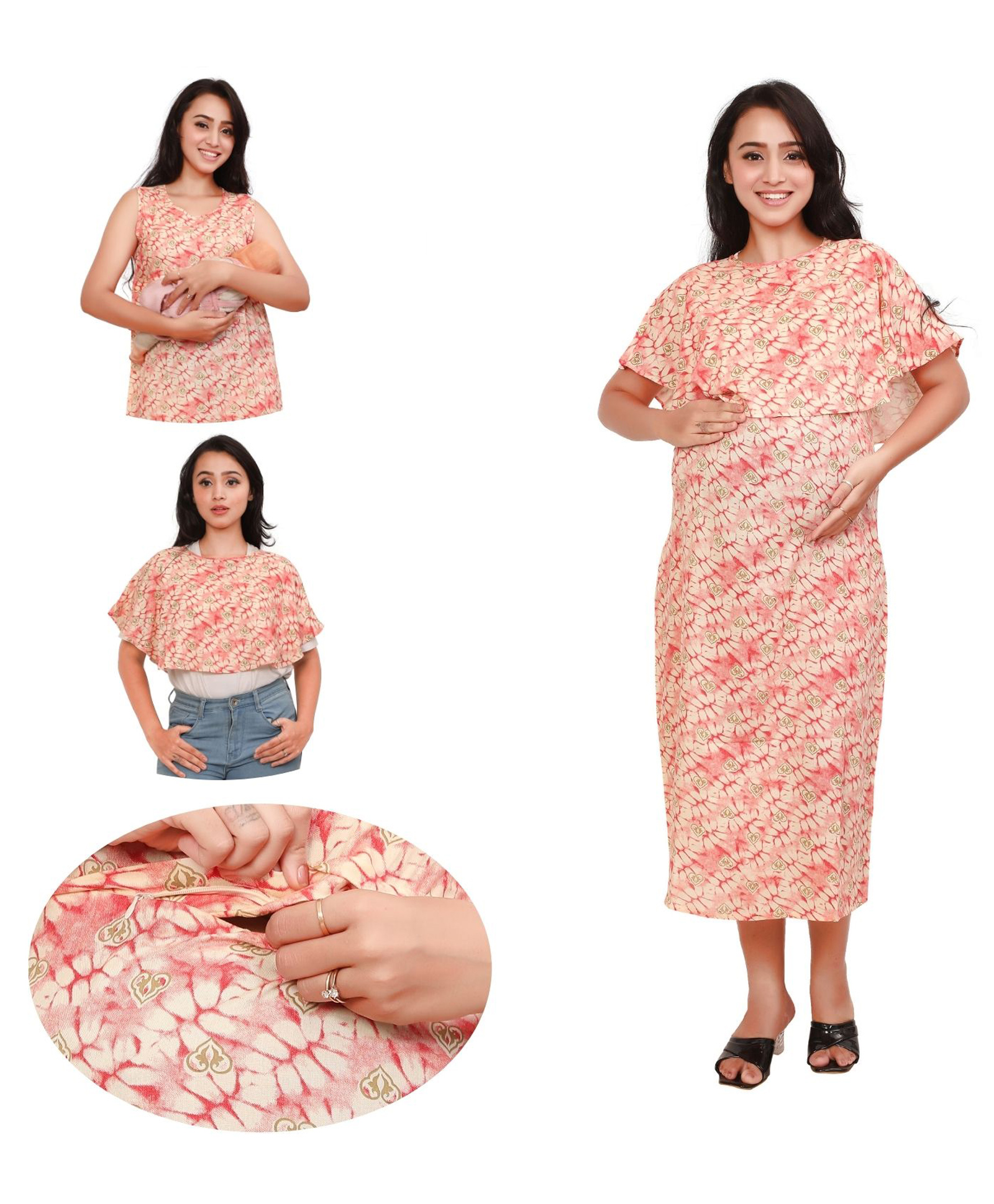 Mama & Bebe Rayon Woven Sleeveless Tie Dye Maternity Dress With Side Zipper Nursing Access & Coordinating Poncho Top - Red-picture-27