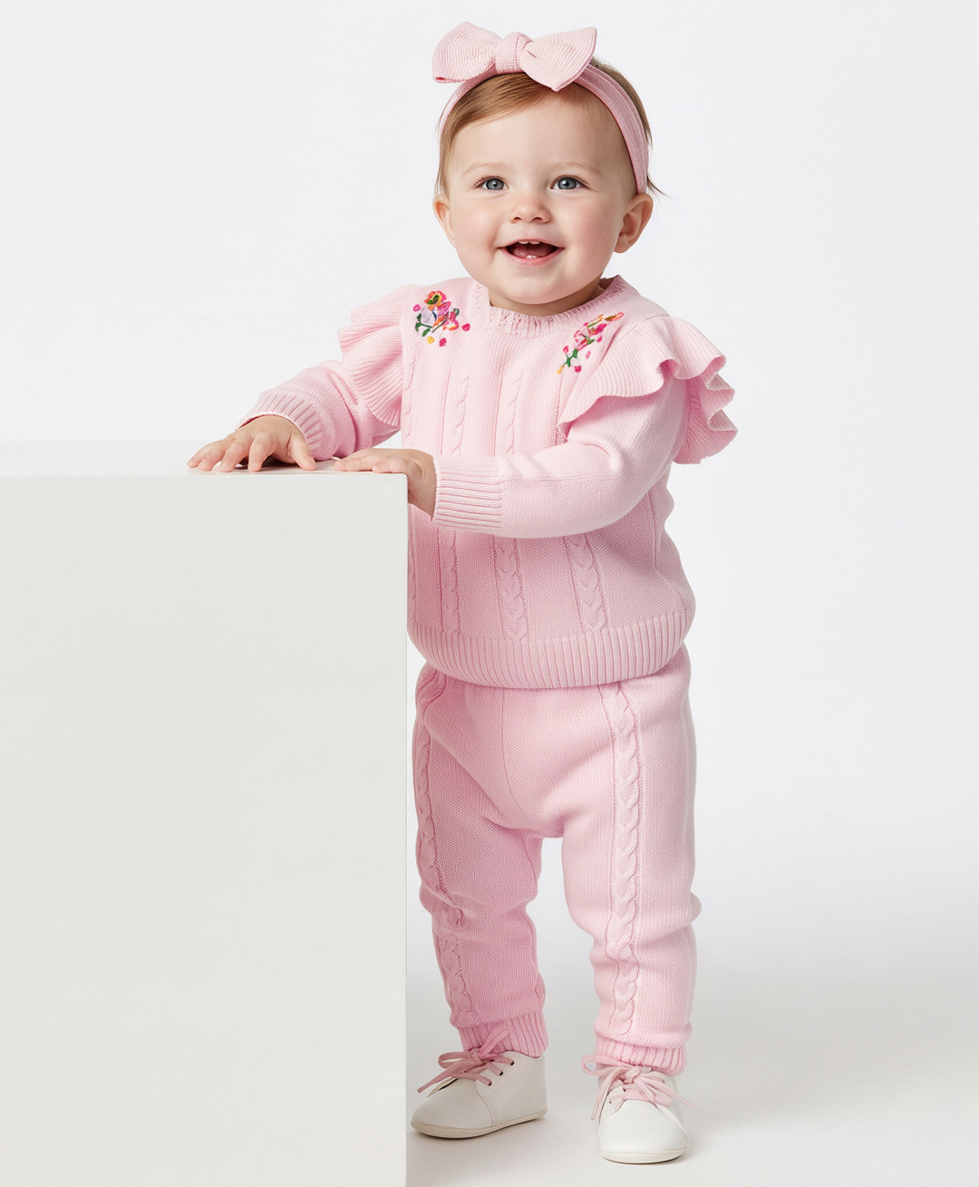 Bonfino 100% Cotton Knit Full Sleeves Sweater & Pant Set with Frill & Embroidery Detailing - Pink-image-11