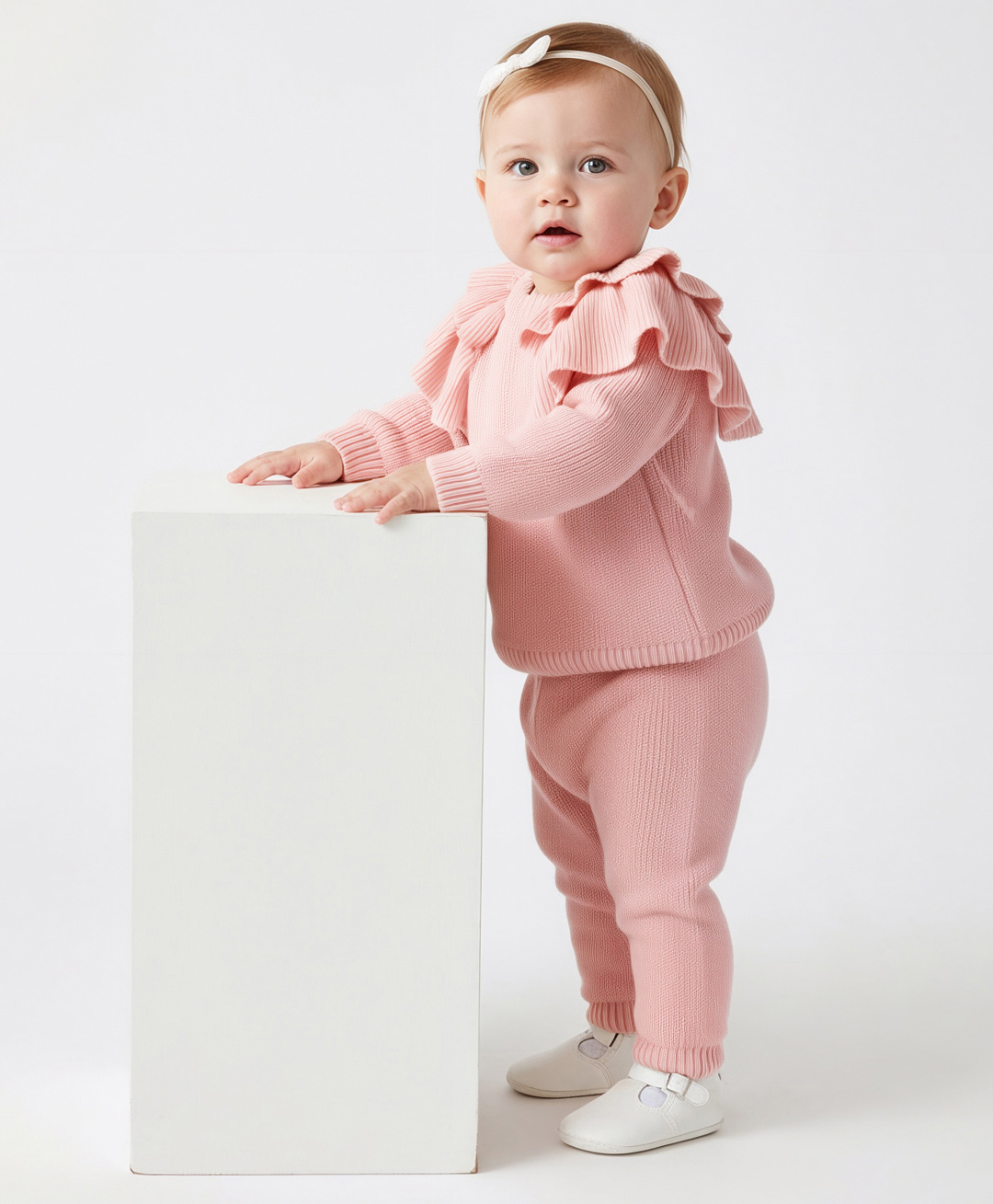 Bonfino 100% Cotton Knit Full Sleeves Solid Color Sweater & Jogger Set with Frill Detailing - Light Pink-picture-5