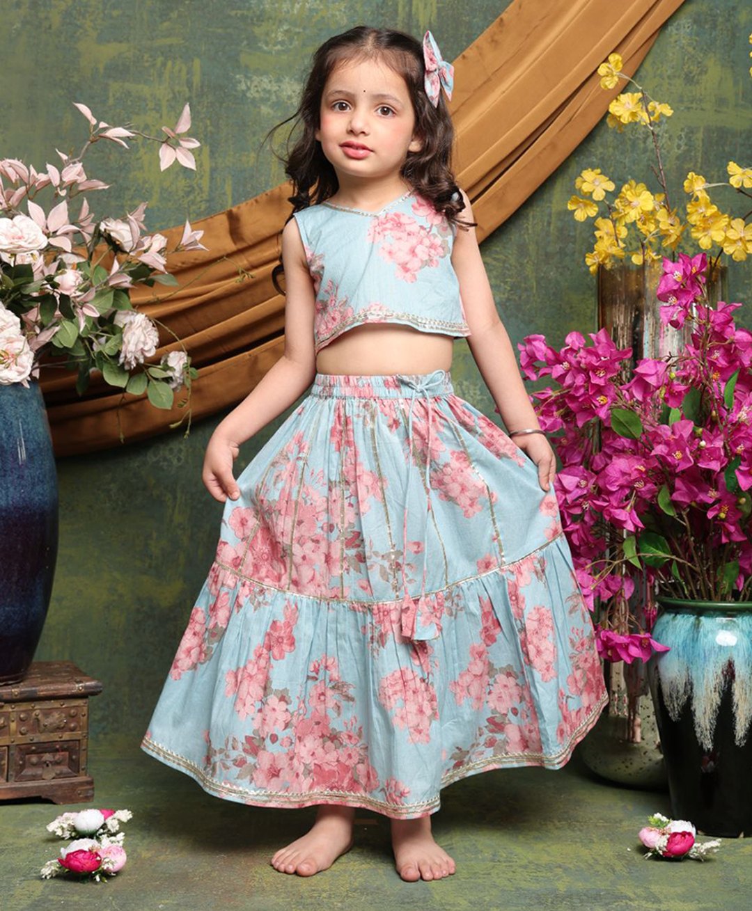 Saka Designs By Sapna Cotton Woven Sleeveless Floral Printed & Gota Lace Embellished Lehenga Choli Set - Multi Colour-picture-36
