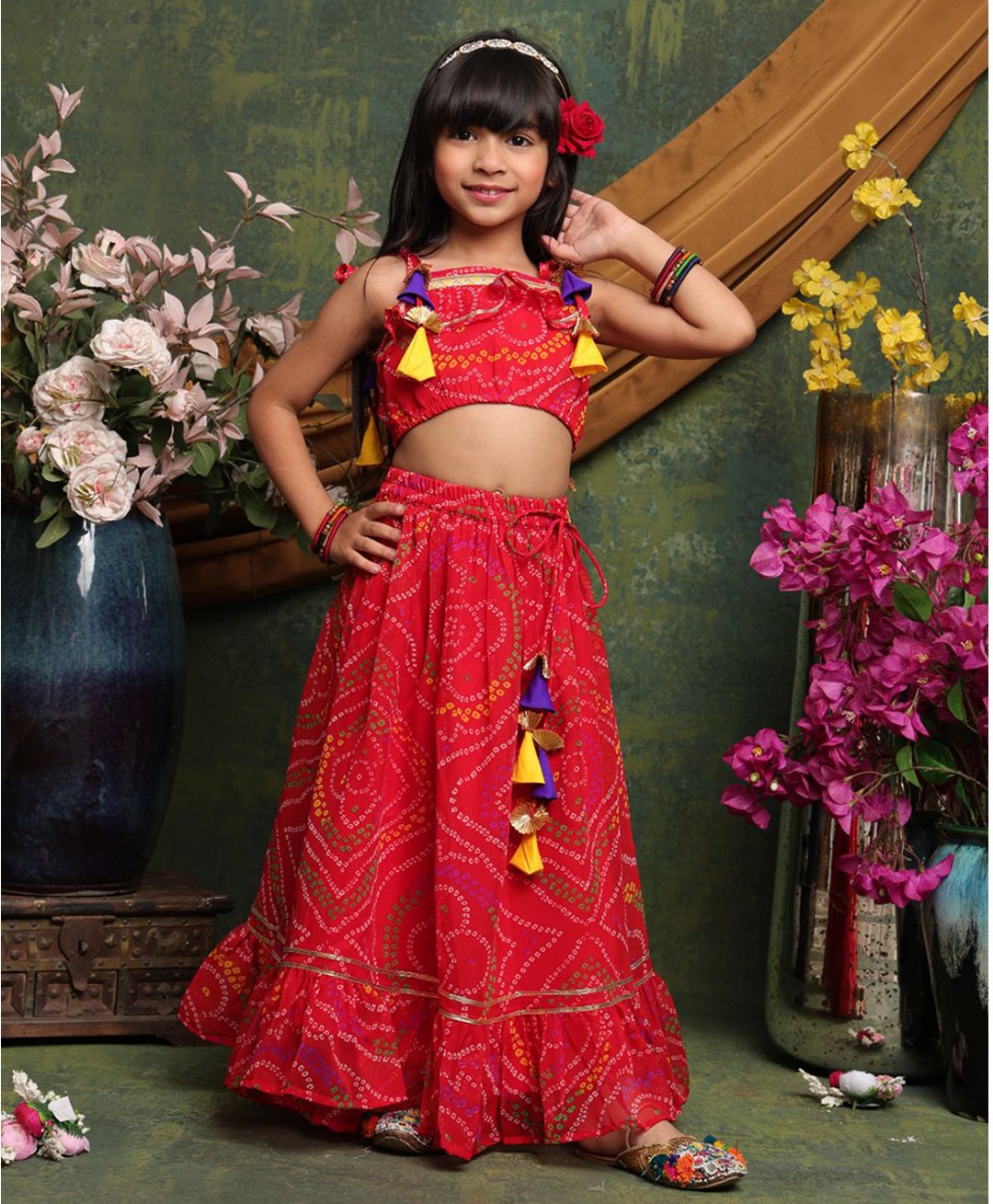 Saka Designs By Sapna Georgette Woven Sleeveless Bandhani Printed Lehenga Choli Set - Red-picture-27