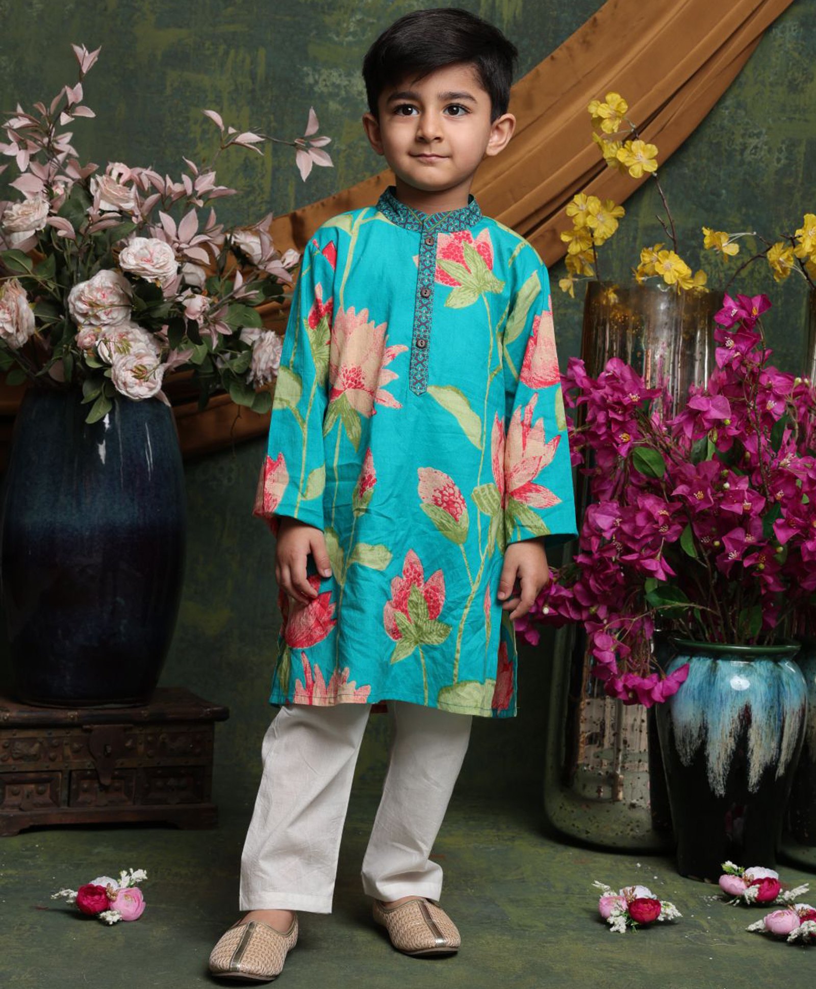 Saka Designs By Sapna Cotton Woven Full Sleeves Floral Printed Kurta Pyjama Set - Teal Blue-image-26
